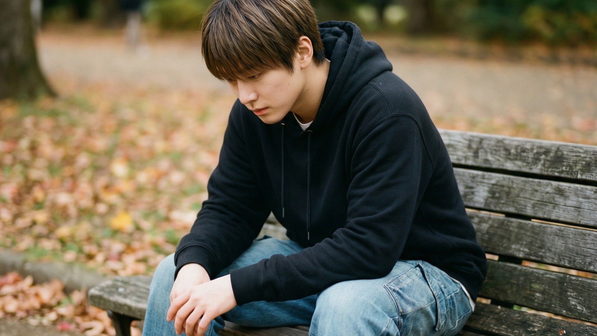 Casual Autumn 壁紙 — 一個穿著黑色連帽衫的年輕人癱坐在一張風化的木長椅上，周圍散落著秋天的落葉。