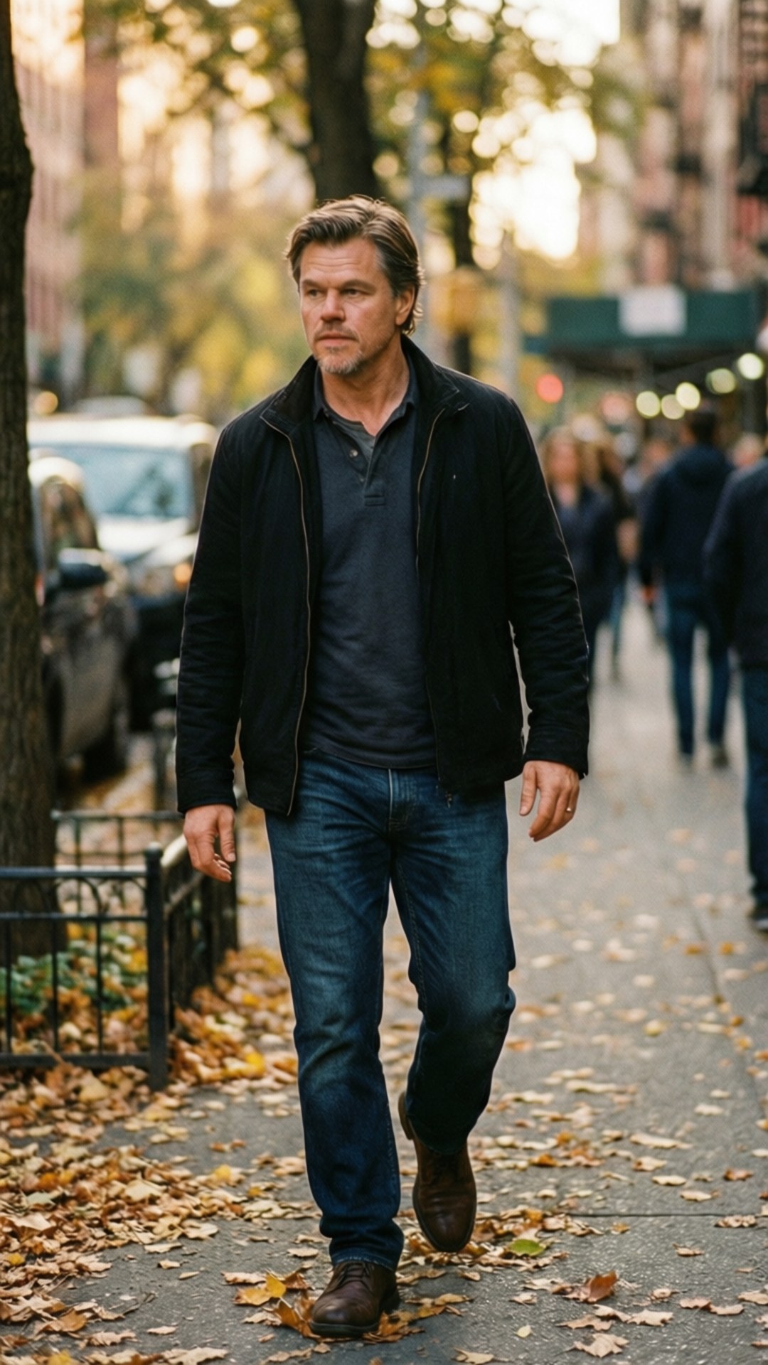 Autumn Stroll 壁紙 — 一個穿著黑色外套和牛仔褲的男人自信地走在鋪滿金色秋葉的城市人行道上。