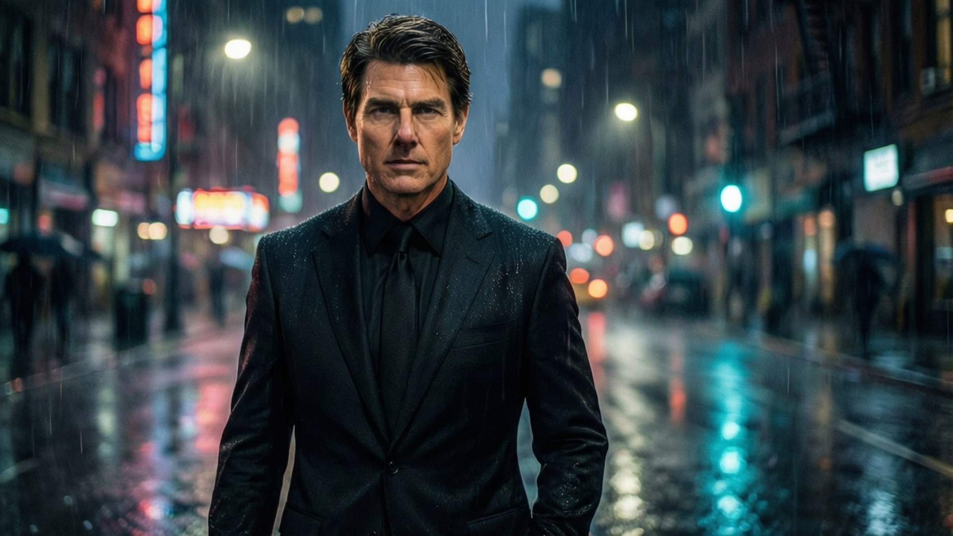 City Noir 壁紙 — 一個穿著黑色西裝的男人在雨濕的霓虹燈城市街道上堅定地站立於夜晚。