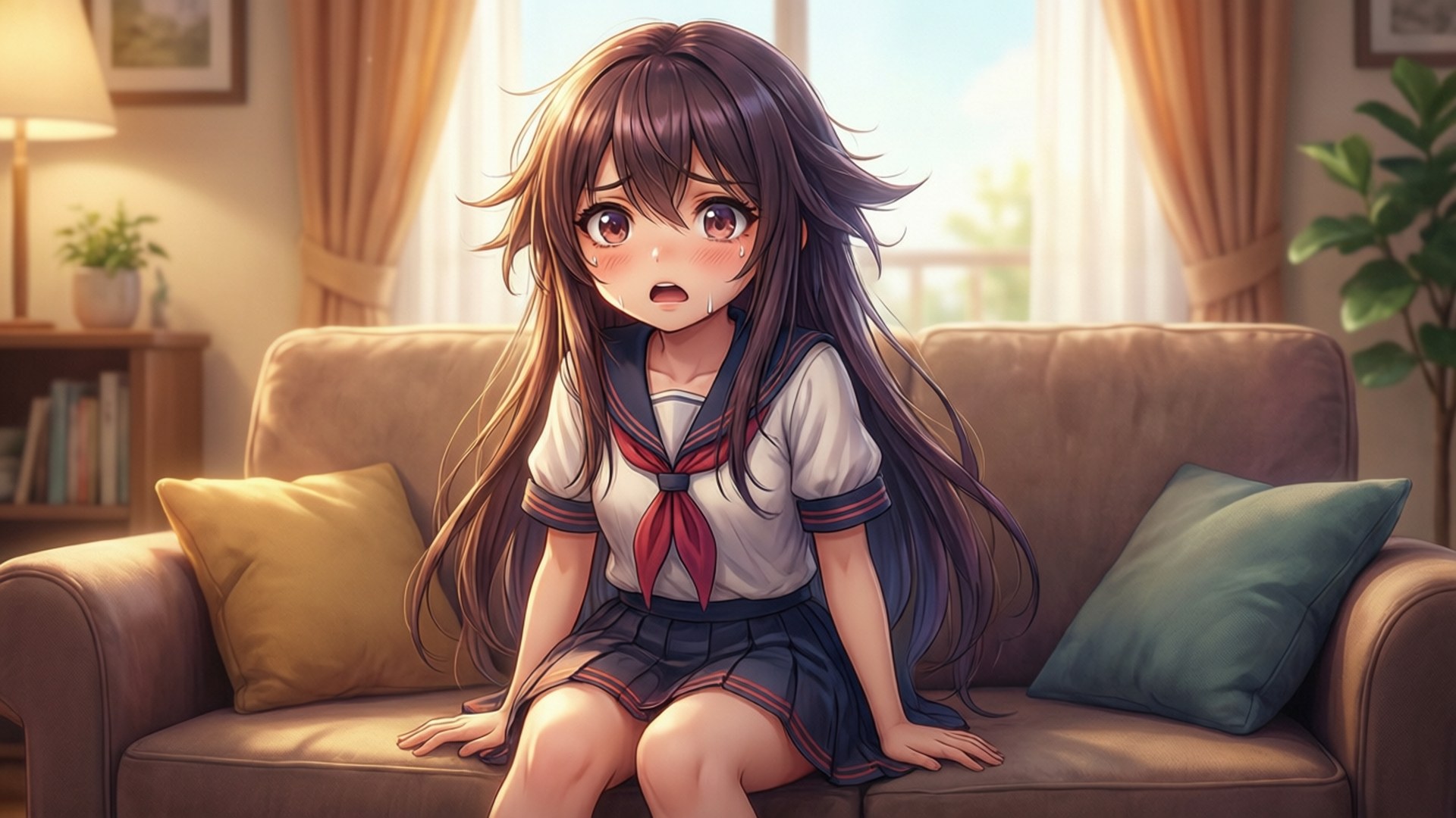 Onimai: I'm Now Your Sister! 桌布 壁紙 — 一個穿著校服的驚訝動漫女孩坐在陽光充足的客廳沙發上，客廳有溫暖的窗簾和室內植物。