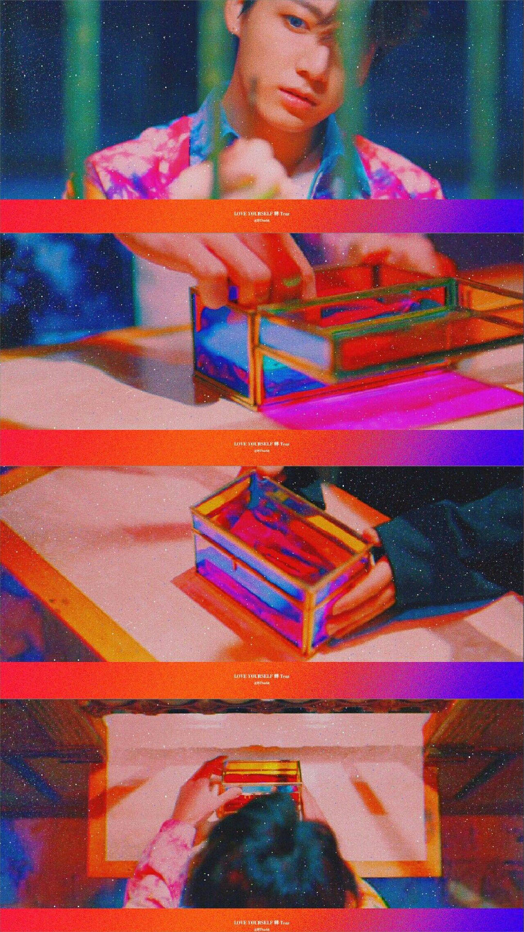 一個人拿著一個帶有霓虹條紋和星空背景的彩色棱鏡盒。 — Bts 壁紙
