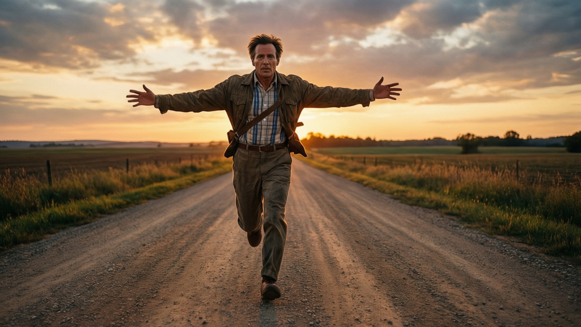 Forrest Running at Sunset 壁紙 — 一個穿著復古服裝的男人在金色夕陽下，張開雙臂，快樂地奔跑在鄉村土路上。