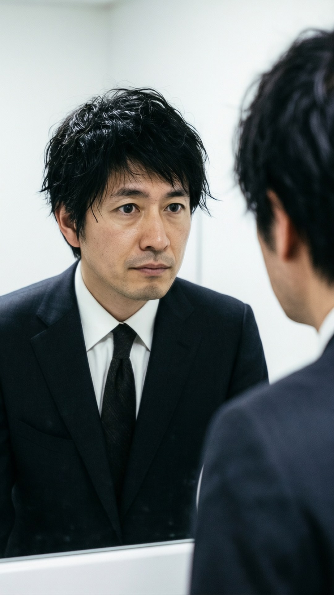 Mirror Reflection 壁紙 — 一個穿著黑色西裝的男人，嚴肅地凝視著鏡中的倒影。