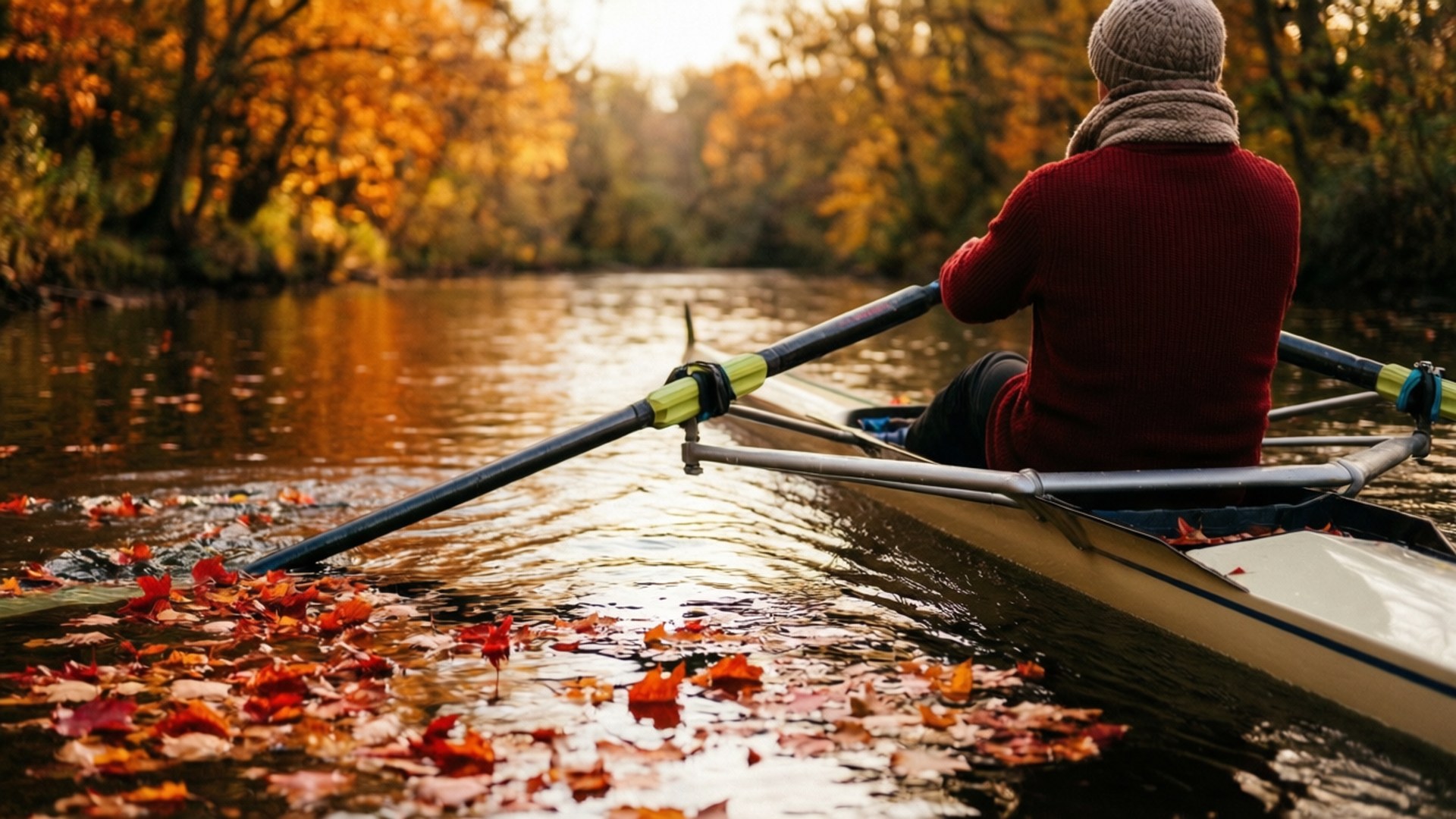 Autumn Row 壁紙 — 一個穿著紅色毛衣的人划船穿過一條被秋葉覆蓋的河流，沐浴在金色的陽光下。