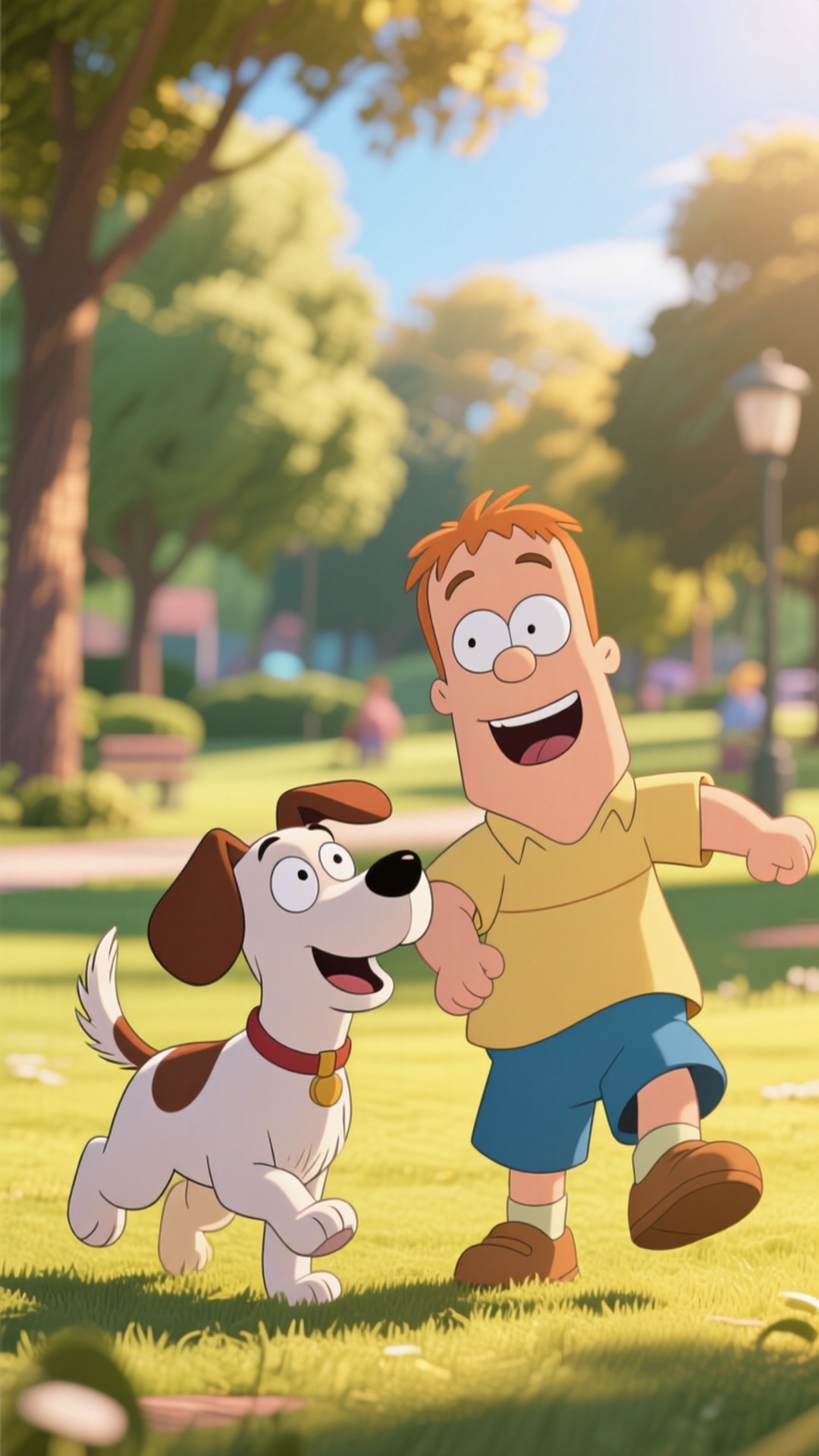 Stan and Sparky 壁紙 — 一個穿著黃色襯衫的快樂卡通男孩，帶著他快樂的棕白色狗，在陽光明媚的公園裡快樂地奔跑。