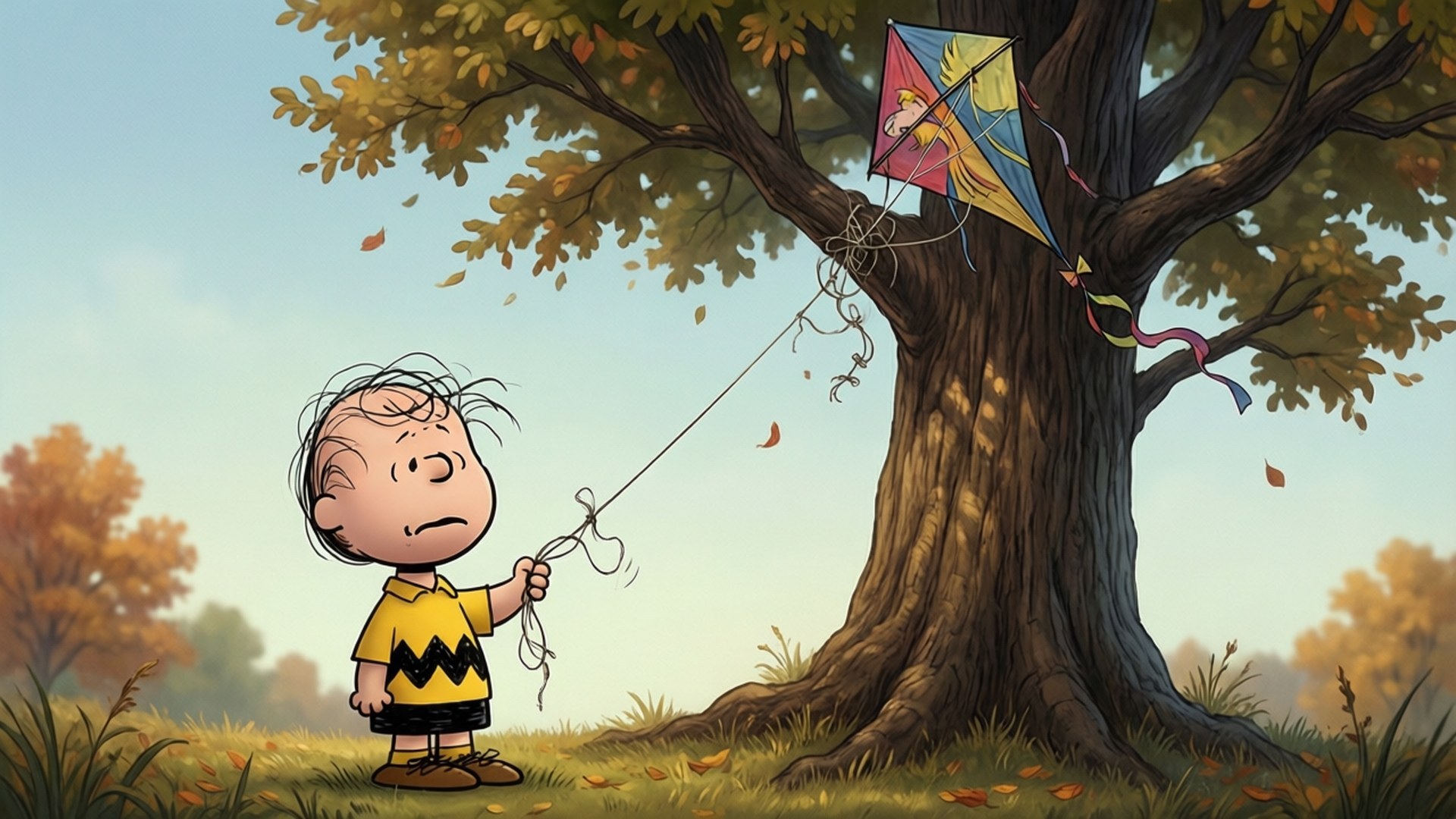 Kite Stuck in Tree 壁紙 — 一個穿著黃色襯衫的小男孩悲傷地站在一棵大樹旁，他色彩繽紛的風箏在秋天纏繞在樹枝上。