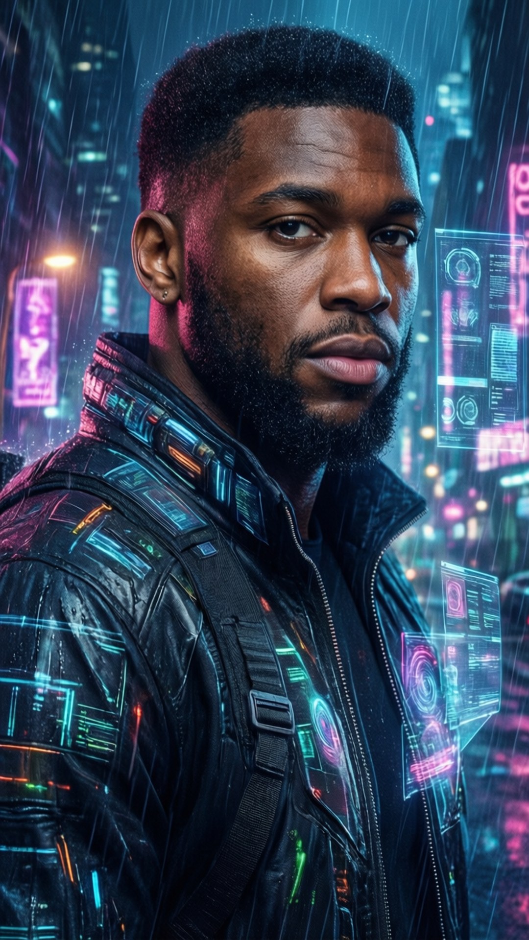 Cyberpunk Baller 壁紙 — 一個穿著科技發光外套的男人站在雨中的霓虹城市景觀中，全息顯示屏在他周圍漂浮。