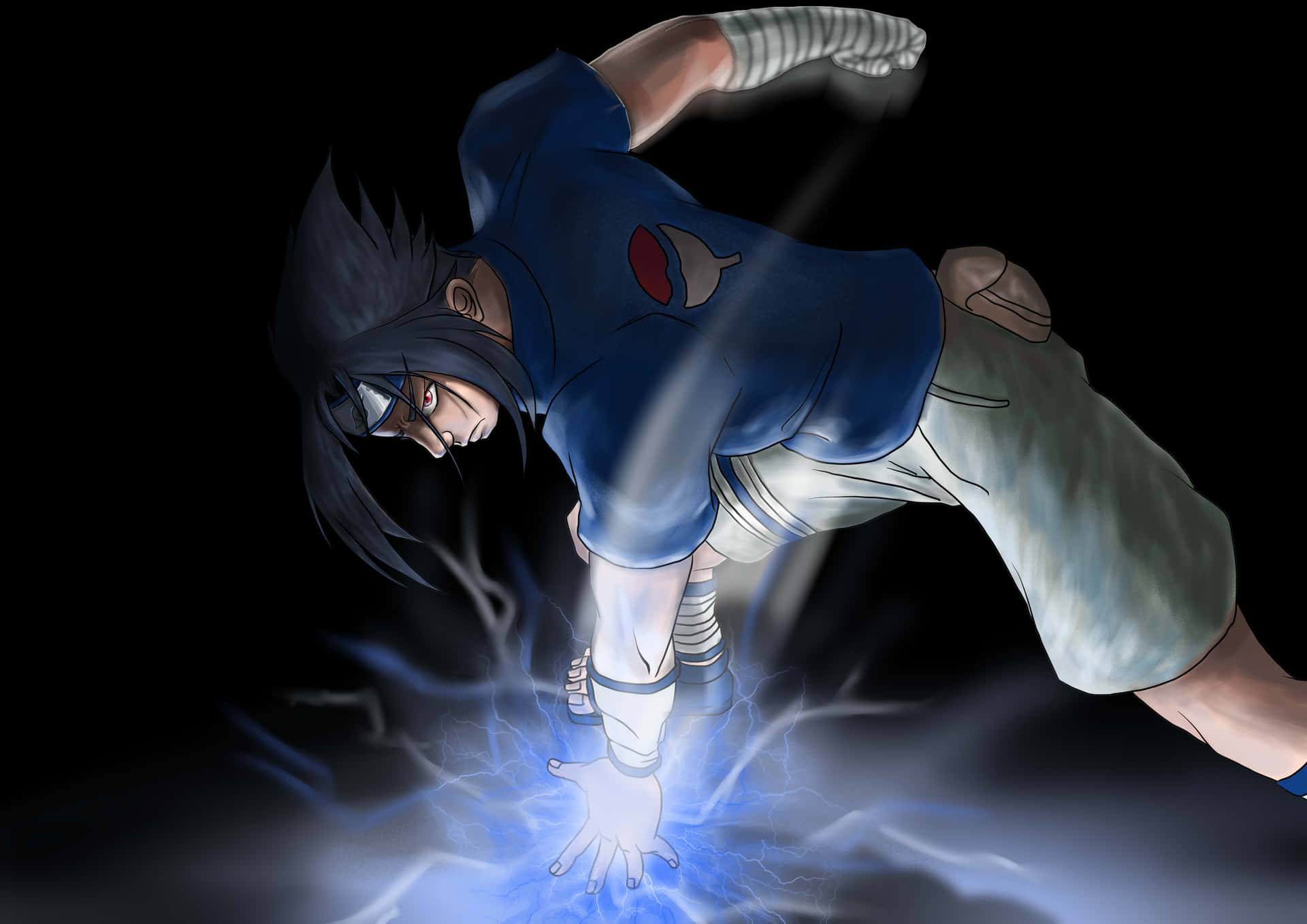 動漫忍者在黑色背景下用手產生藍色查克拉能量 — Sasuke 壁紙