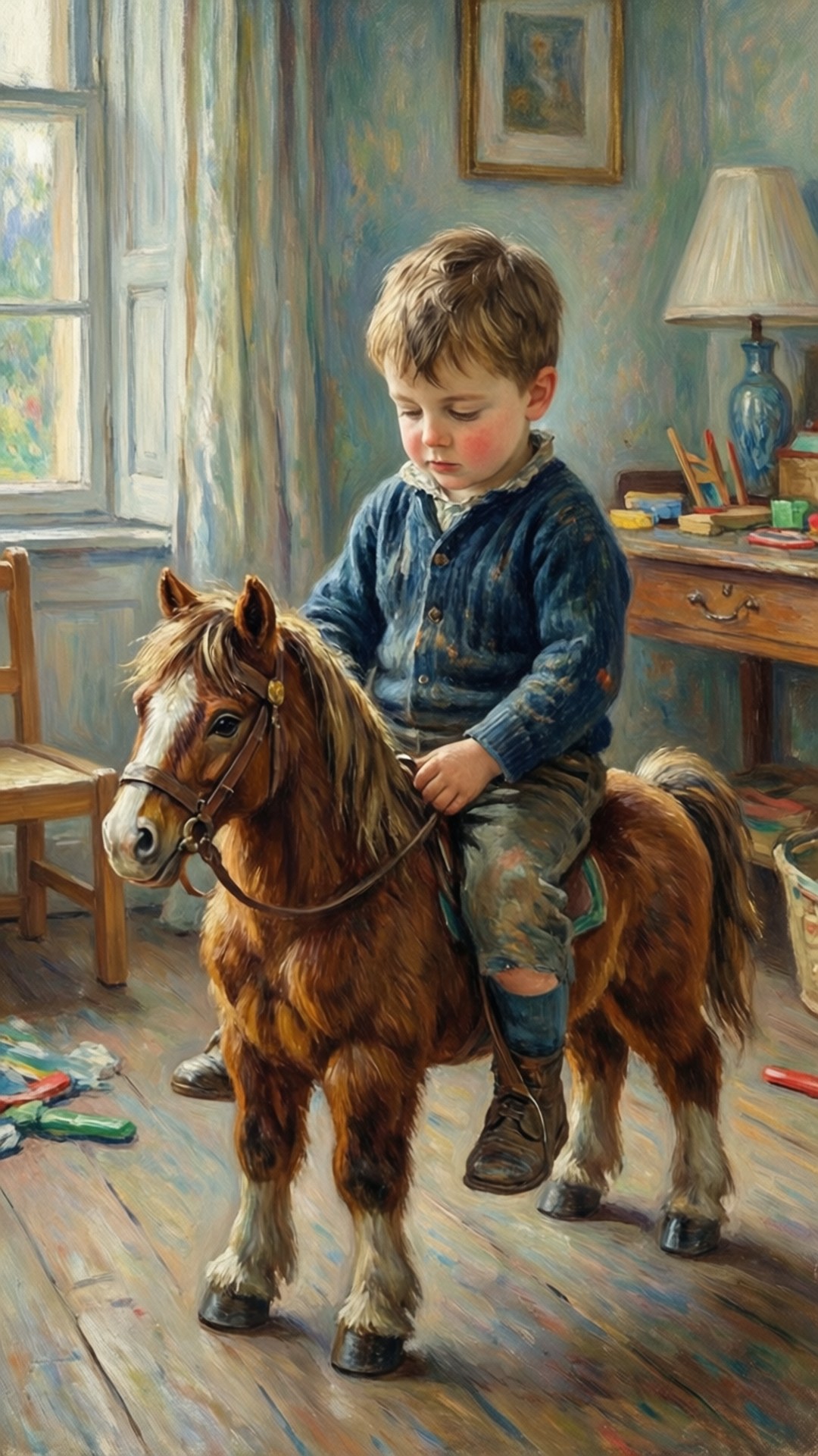 Jean Monet with Toy 壁紙 — 一個穿著藍色毛衣的小男孩坐在一匹棕色小馬上，房間裡有木地板和窗戶，陽光充足。
