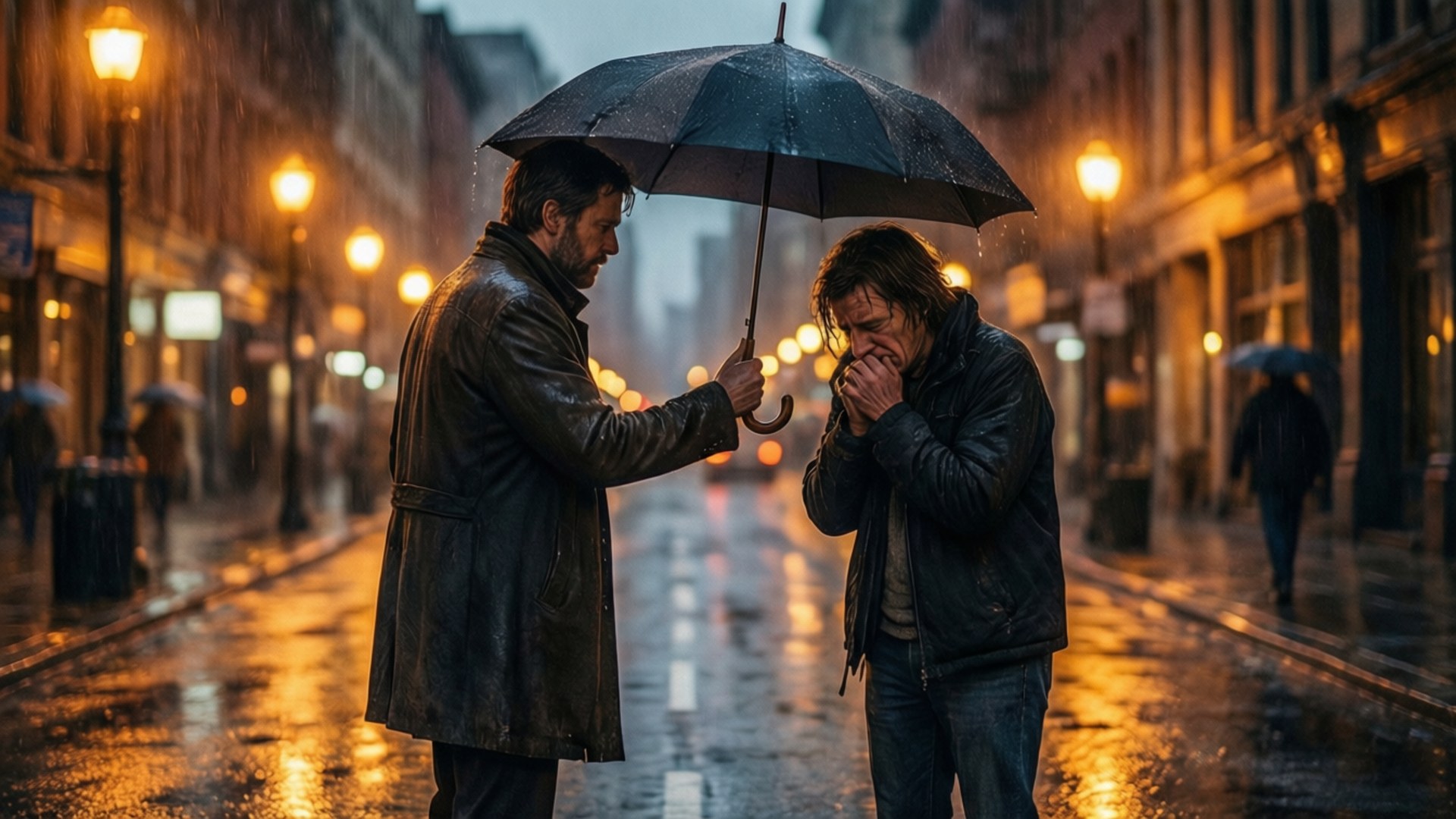 Altruism 桌布 壁紙 — 一個穿著皮夾克的男人在雨濕的城市街道上，在溫暖的路燈下，用雨傘保護另一個哭泣的男人。