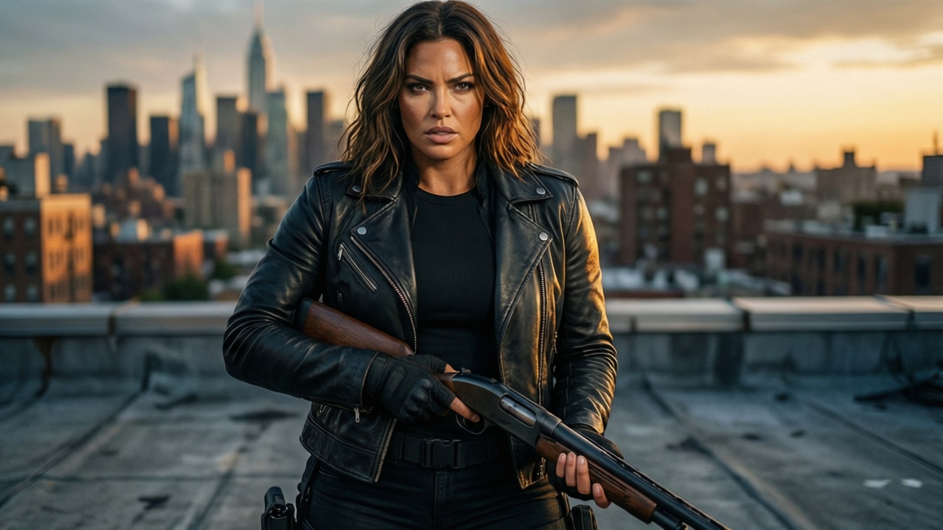 Ashley Graham 桌布 壁紙 — 一個穿著皮夾克的兇猛女人在日落時分的城市屋頂上拿著獵槍，身後是摩天大樓。