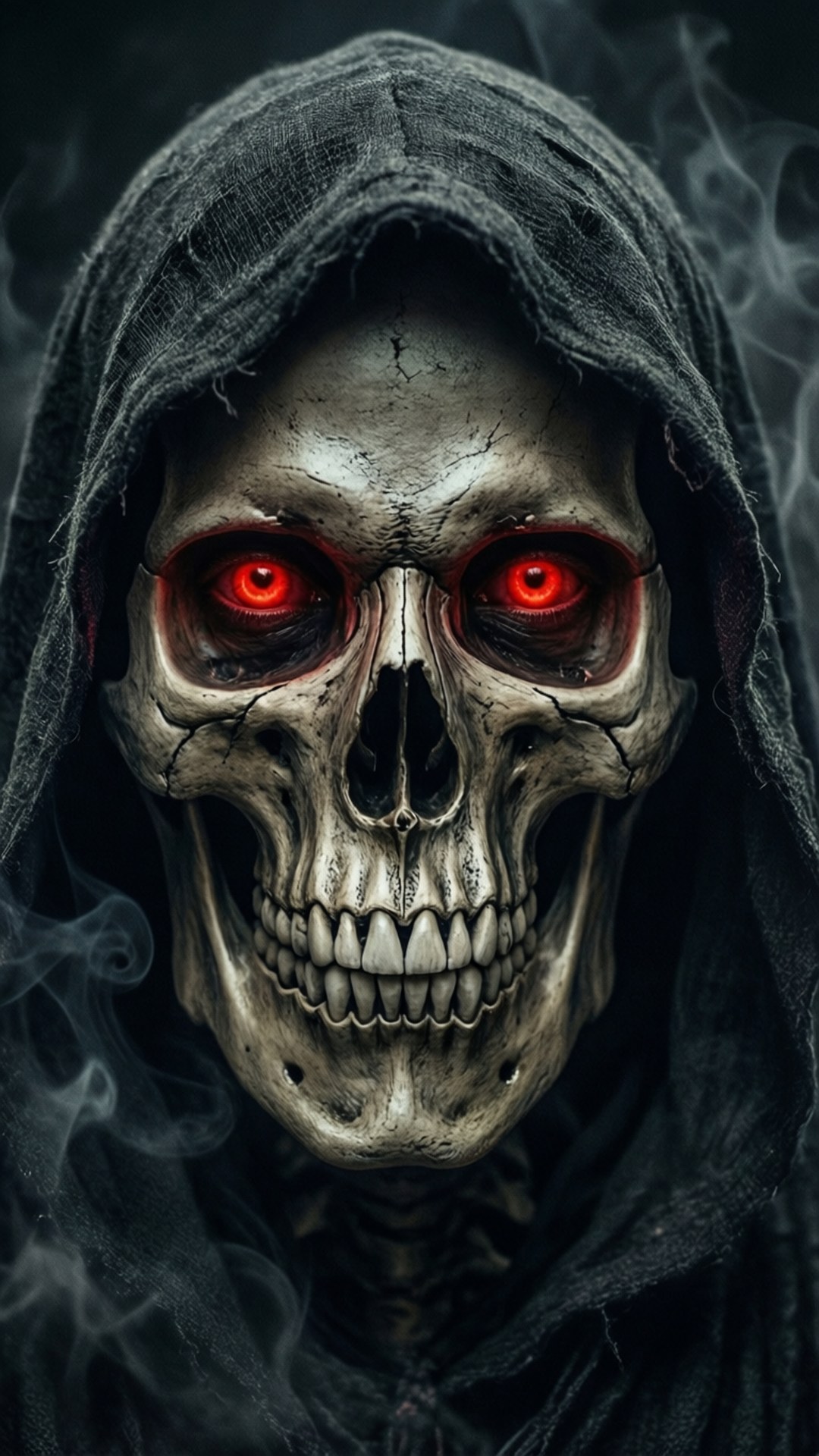 Face of Death 壁紙 — 一個穿著破爛黑色連帽衫的可怕骷髏形象，在旋轉的煙霧中瞪著發光的紅色眼睛。