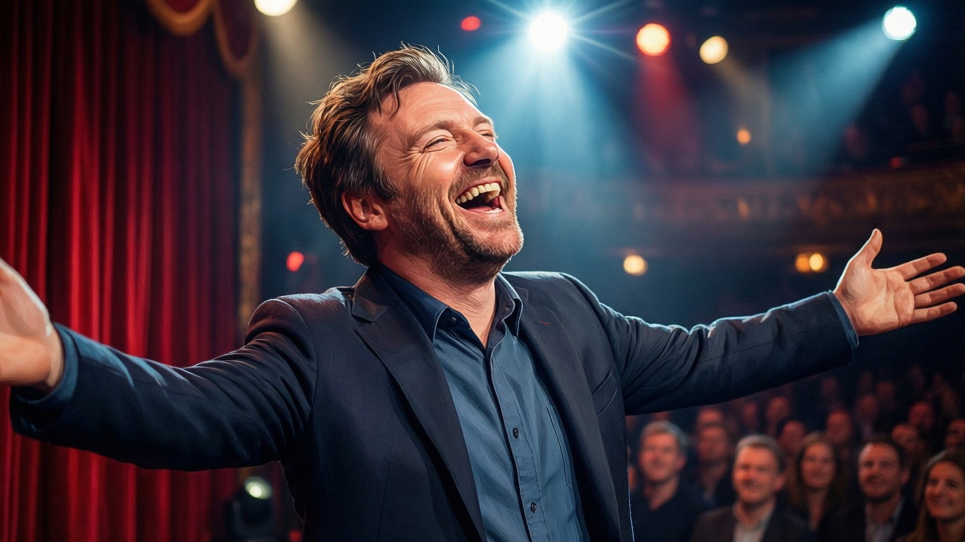 ricky gervais 桌布 壁紙 — 一個穿著西裝的快樂男人在紅色窗簾和聚光燈的劇院舞台上開懷大笑。