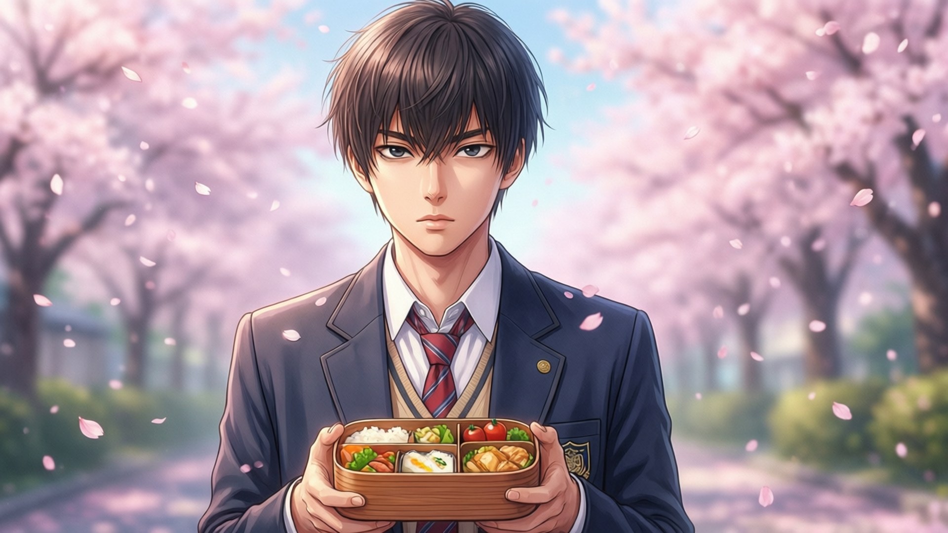 Spring Lunch 壁紙 — 一個穿著校服的年輕動漫男孩在飄落的櫻花下拿著便當盒。