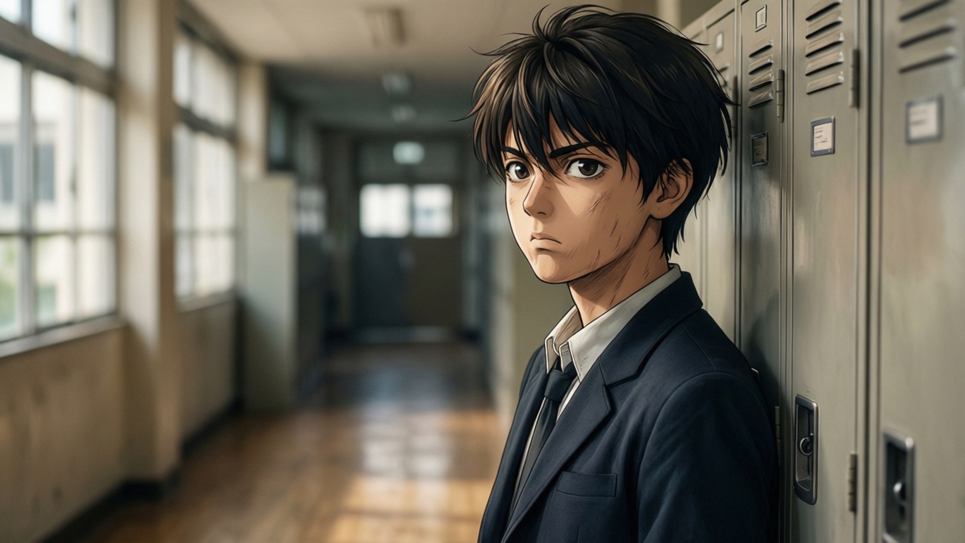 Serious Kou 壁紙 — 一個穿著校服的年輕動漫男孩在陽光照射的走廊裡靠著置物櫃，地板是木質的，窗戶很大。