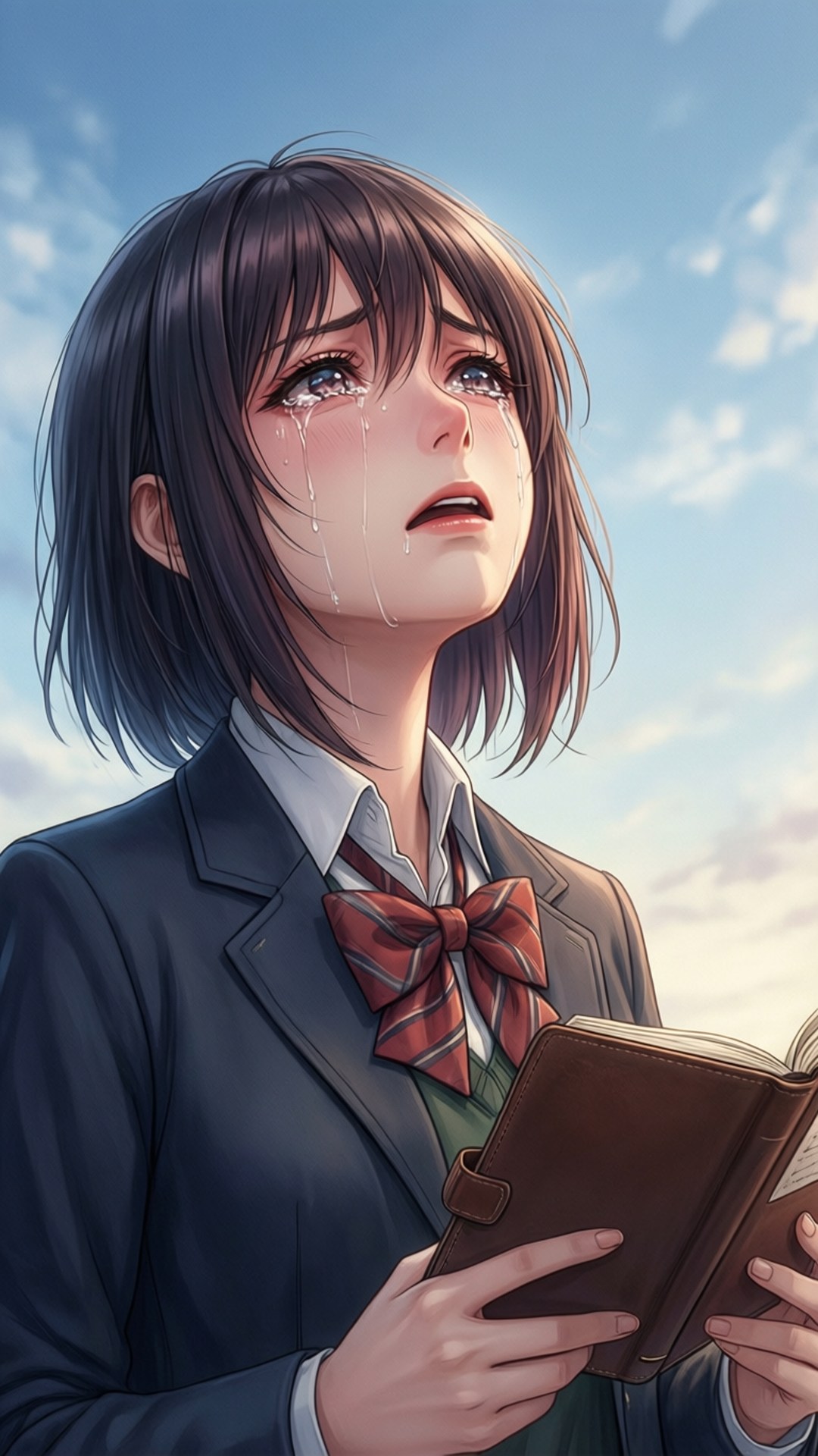 Tears of a Yandere 壁紙 — 一個穿著校服的年輕動漫女孩，在柔和的藍天下抱著一本打開的書哭泣。
