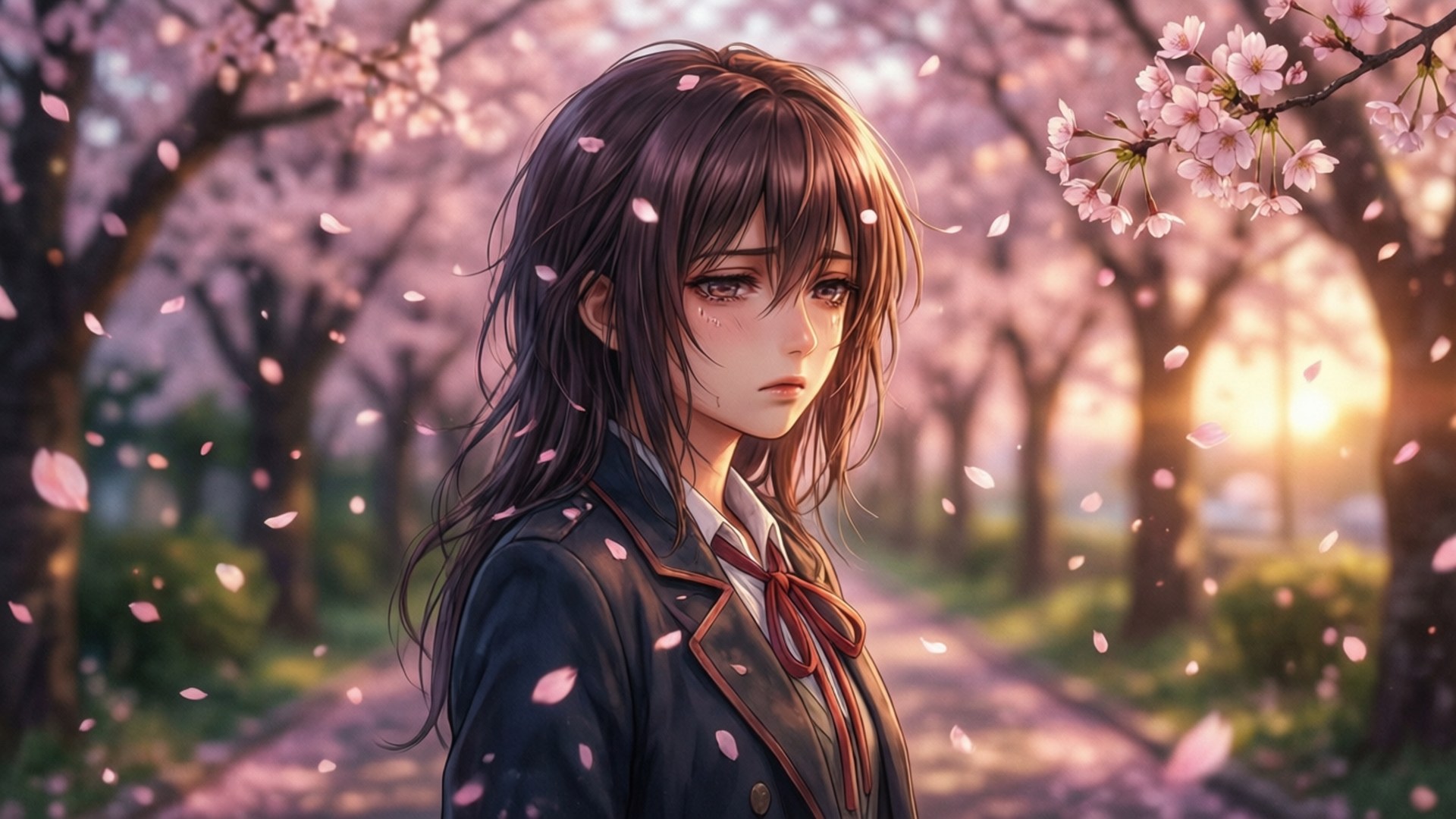 Cherry Blossom Kou 壁紙 — 一個穿著校服的年輕動漫女孩站在飄落的櫻花下，金色的陽光透過粉紅色的花瓣灑落。