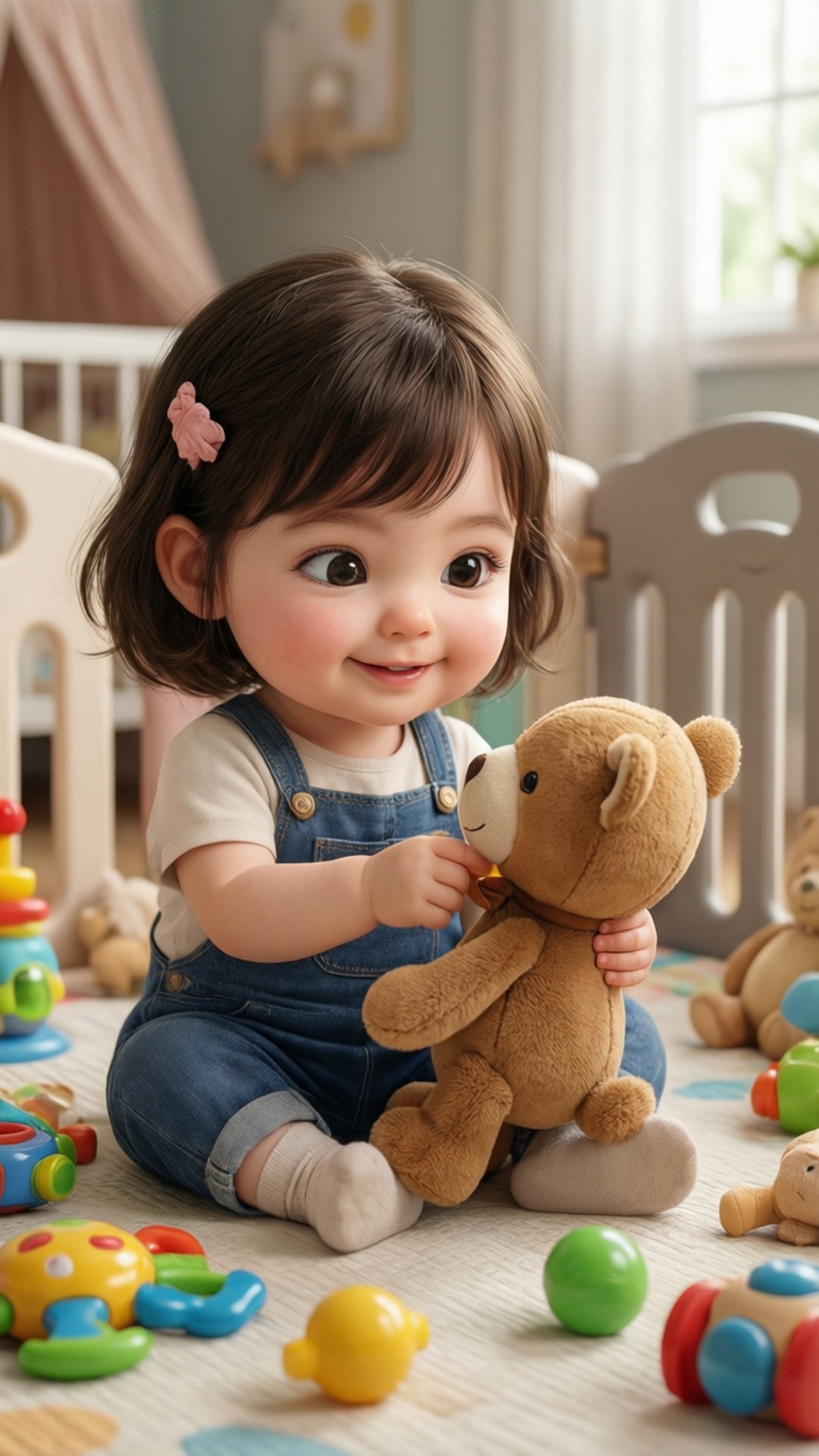 Baby Playtime 壁紙 — 一個穿著牛仔布工裝褲的快樂幼兒在遊戲墊上擁抱一隻棕色泰迪熊，周圍環繞著色彩繽紛的玩具。