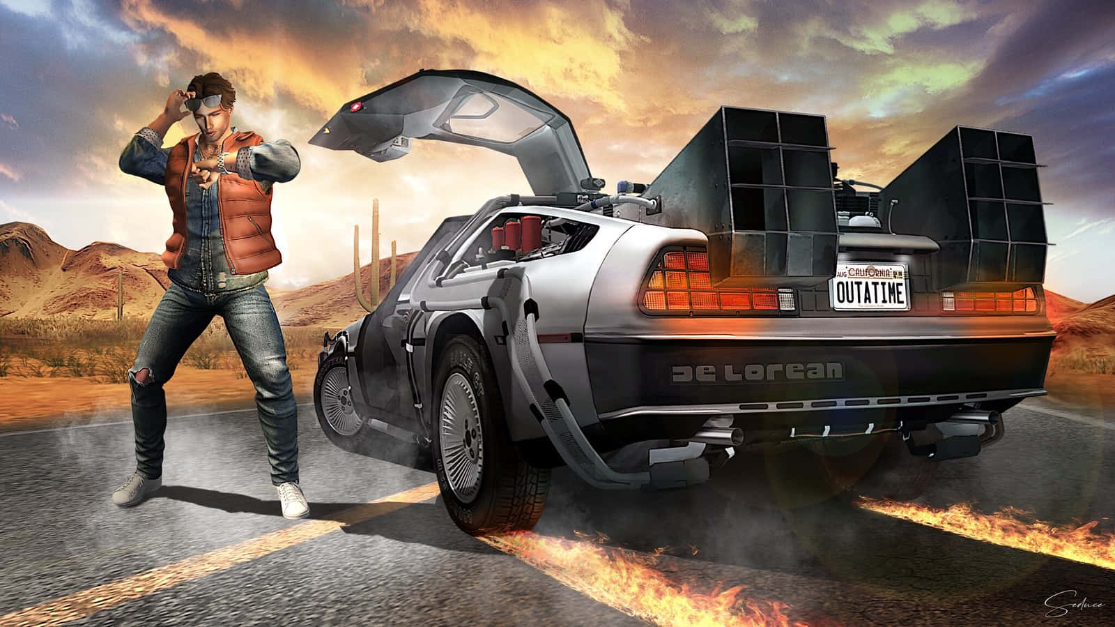  壁紙 — 一個穿著背心的男人站在沙漠公路上，旁邊是一輛銀色DeLorean，鷗翼車門打開，輪胎在戲劇性的日落天空下噴出火焰。