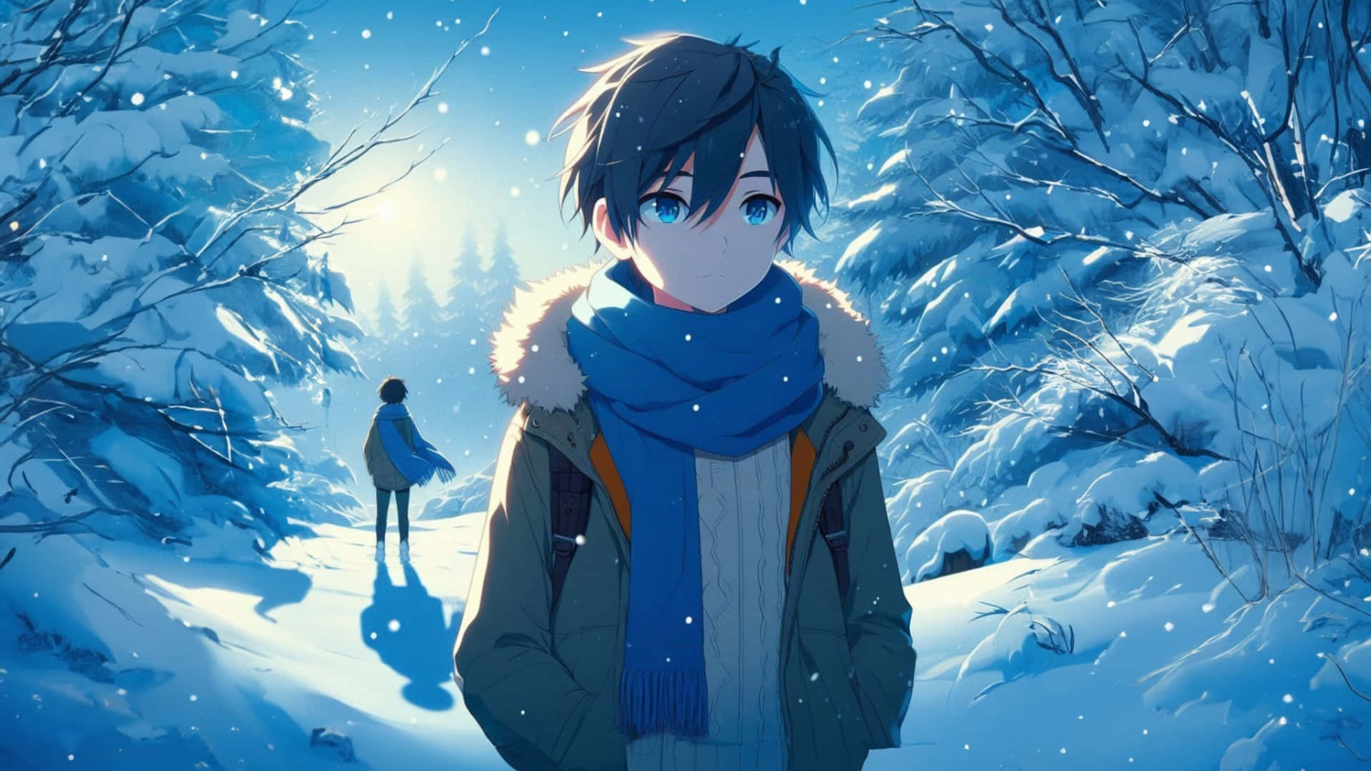 壁紙 — 一個穿著冬季外套和藍色圍巾的年輕動漫男孩站在雪地森林中，雪花在他周圍飄落。