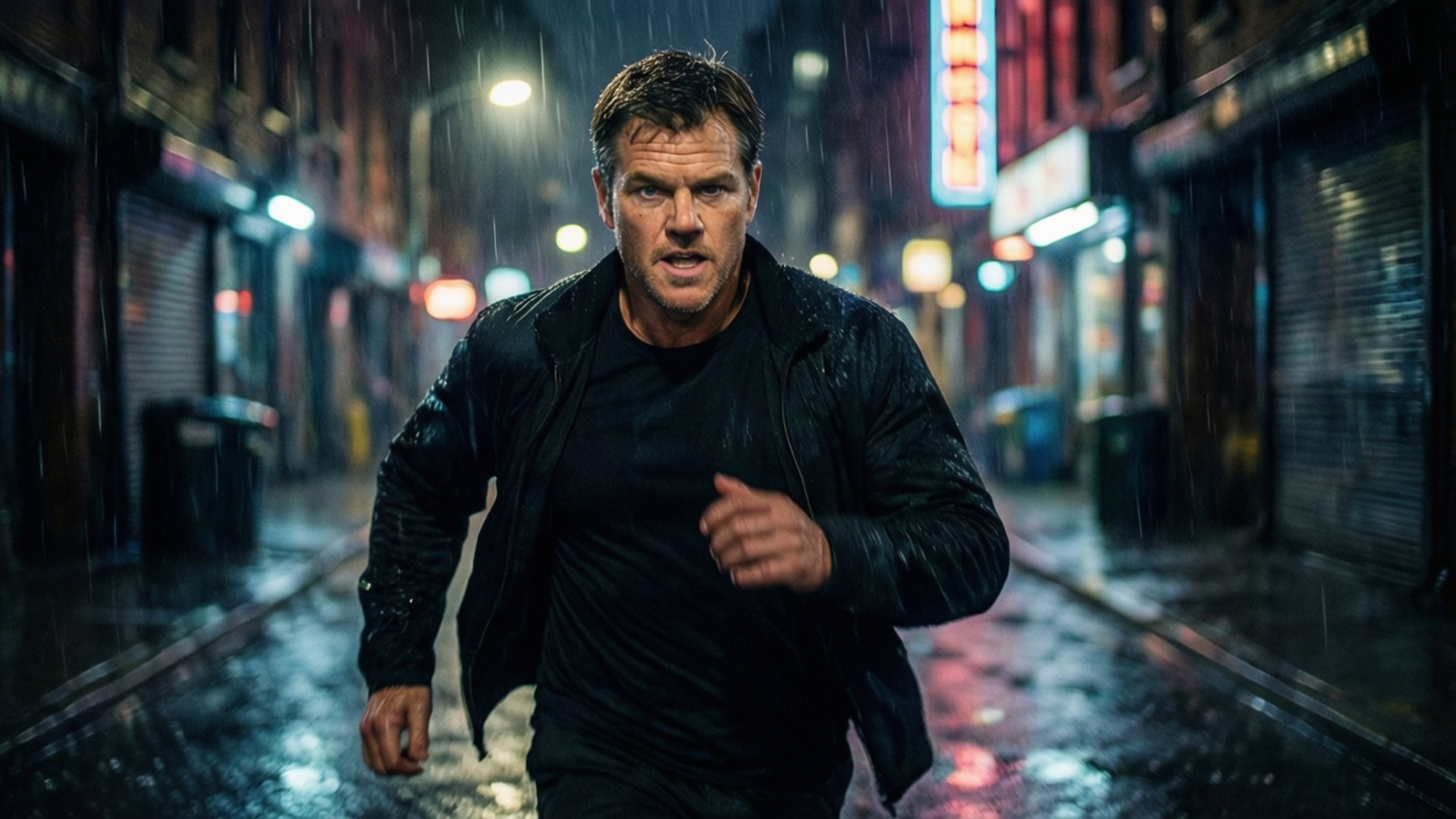 Bourne in the Rain 壁紙 — 一個穿著黑色夾克的男人在夜晚緊急地衝過一條被雨水浸濕、霓虹燈照亮的巷子。