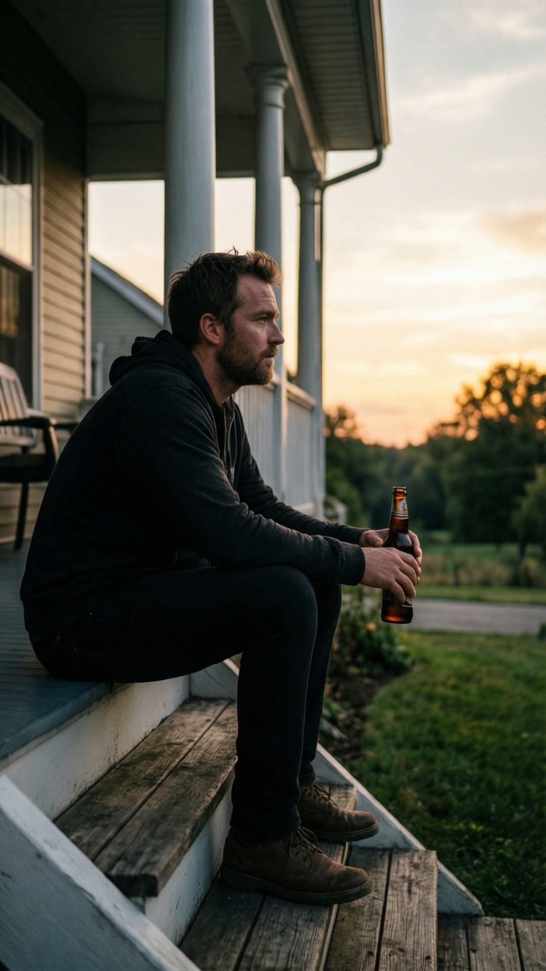 Craig Sunset Contemplation 壁紙 — 一個穿著黑色連帽衫的男人坐在風化的門廊台階上，手裡拿著一瓶啤酒，夕陽在樹後落下。