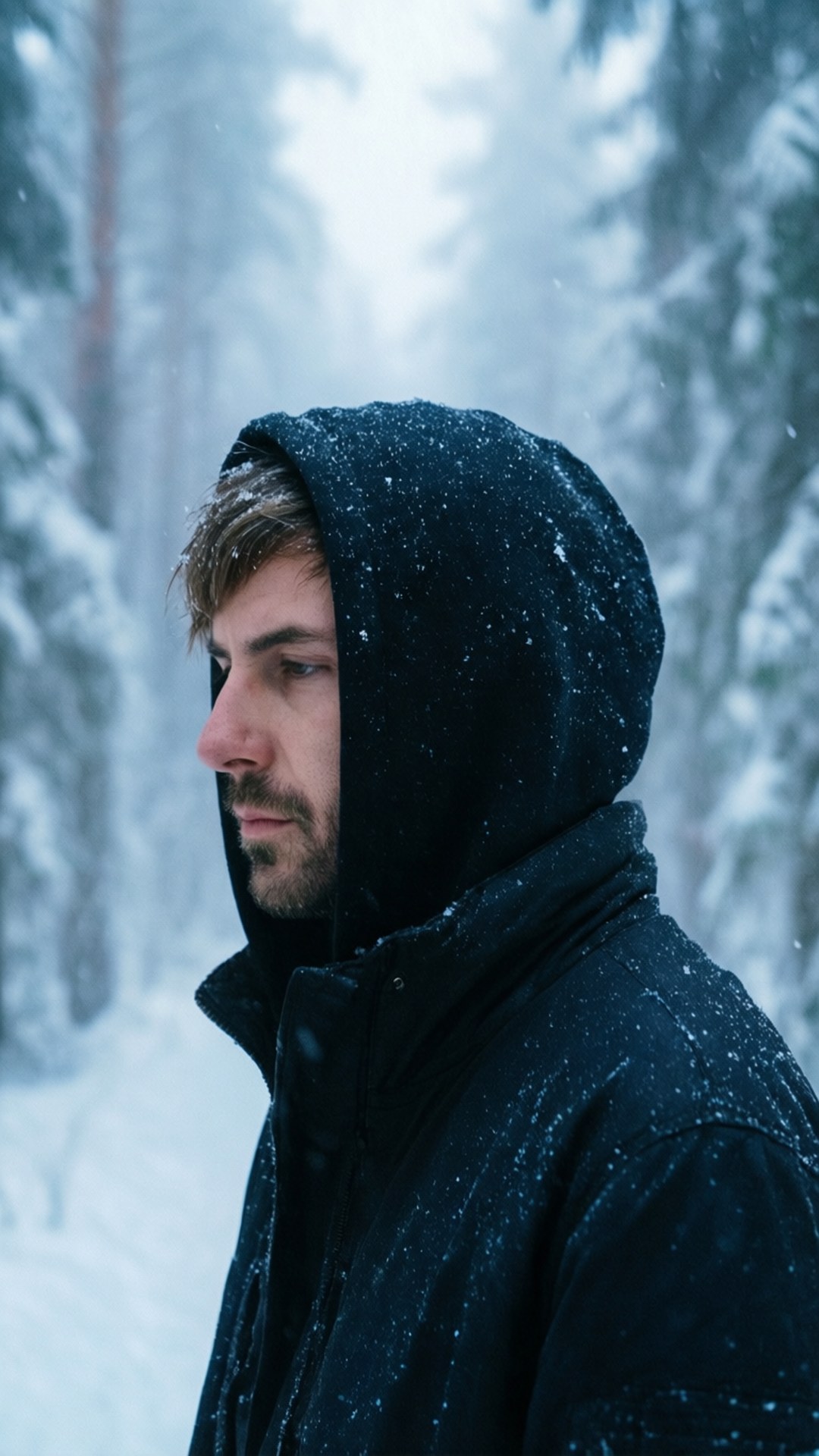 Winter Walker 壁紙 — 一個穿著黑色連帽外套的男人站在雪地森林中，雪花在他周圍飄落。