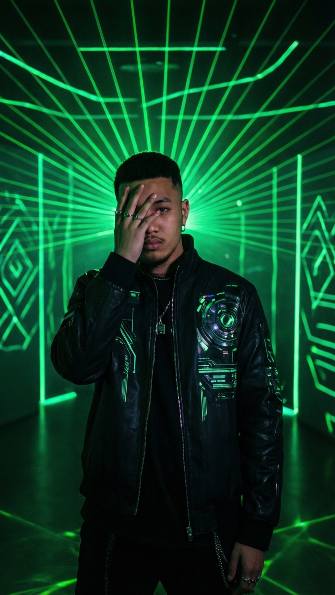 Green Laser Cyberpunk 壁紙 — 一個穿著黑色皮夾克、帶有發光綠色電路圖案的男人，站在霓虹綠色雷射網格環境中，手遮住眼睛。