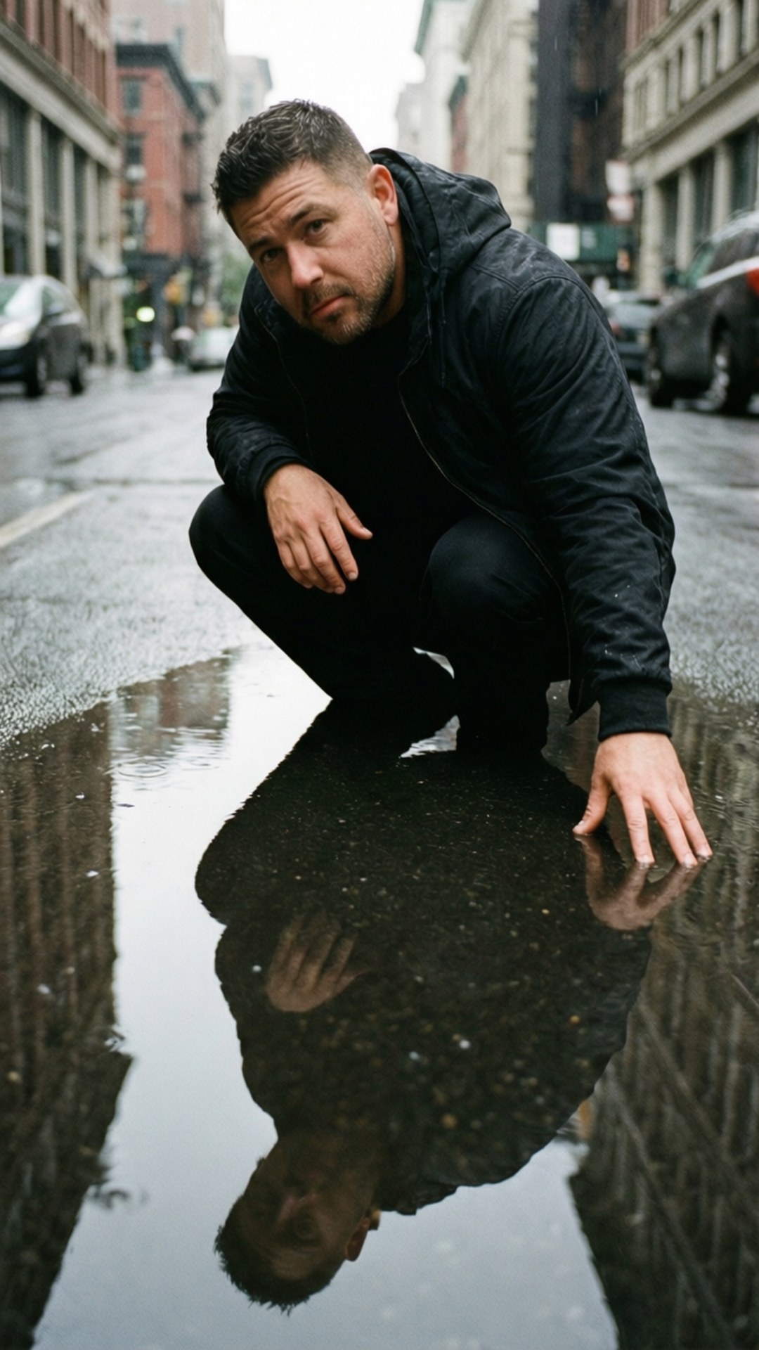 Reflection 壁紙 — 一個穿著黑色外套的男人蹲在城市街道的雨水坑旁，他的倒影映在水中。