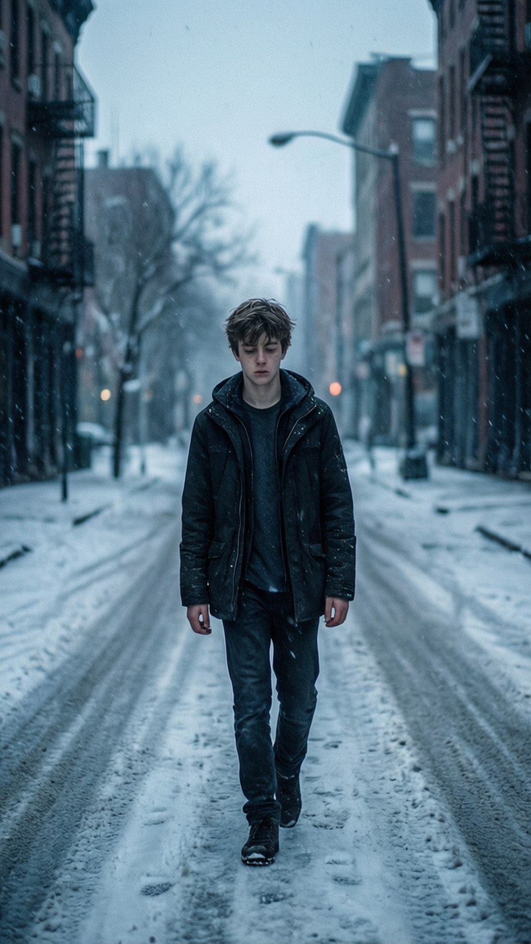 Snow Walk 壁紙 — 一個穿著黑色外套的年輕男子獨自走在灰濛濛天空下積雪覆蓋的城市街道上。
