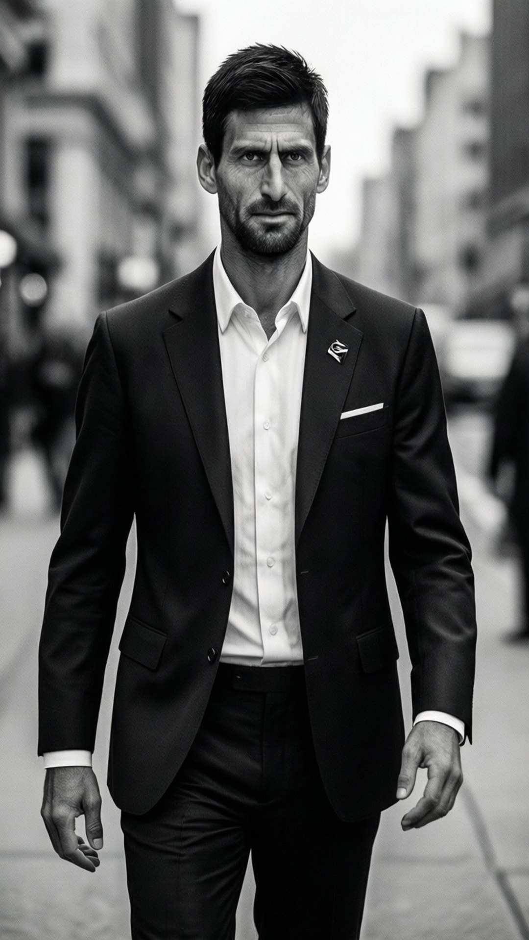 Elegant Confidence 壁紙 — 一個穿著黑色西裝和白色襯衫、打扮俐落的男人，自信地走在單色調模糊的城市街道上。