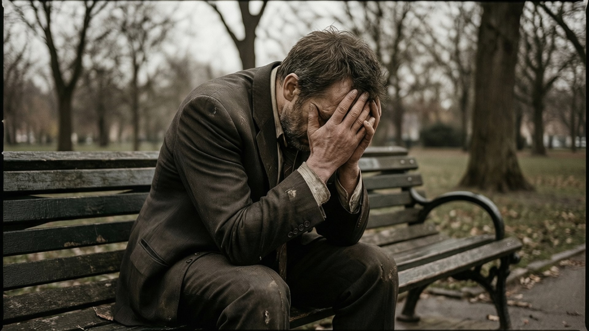 The Great Depression 桌布 壁紙 — 一個穿著破舊西裝的痛苦男人坐在公園長椅上，在光禿禿的樹木和落葉中用手遮住臉。