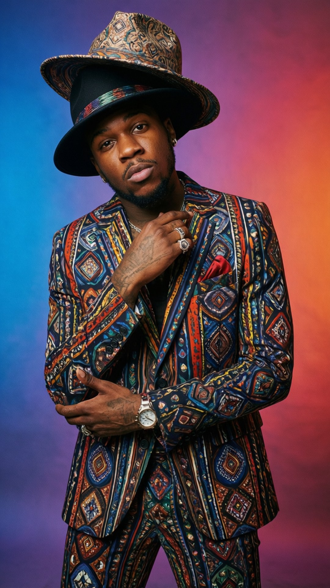 Fashion Icon Chance 壁紙 — 一個穿著鮮豔圖案西裝和帽子的男人，在藍色和橙色的漸變背景前自信地擺姿勢。