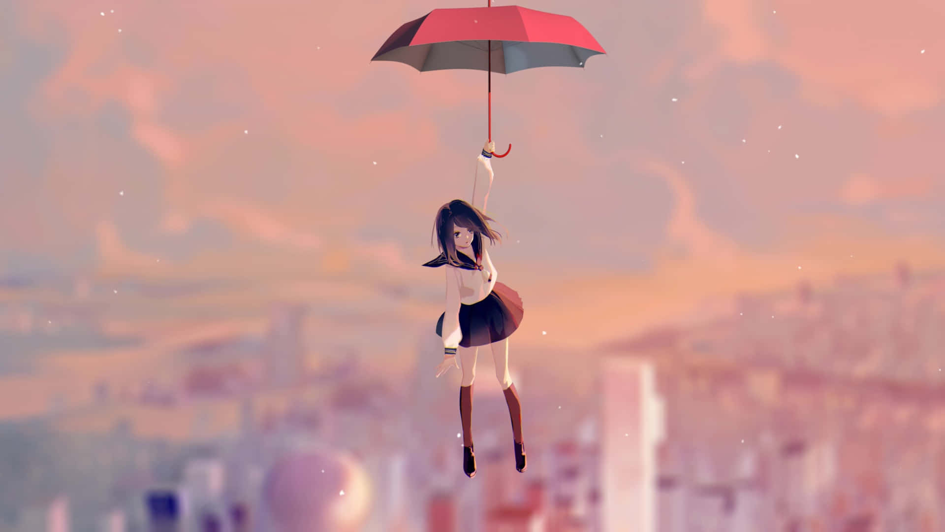  壁紙 — 一個穿著校服的女孩在城市景觀上空飄浮，手持紅色雨傘，背景是柔和粉紅色的日落天空。