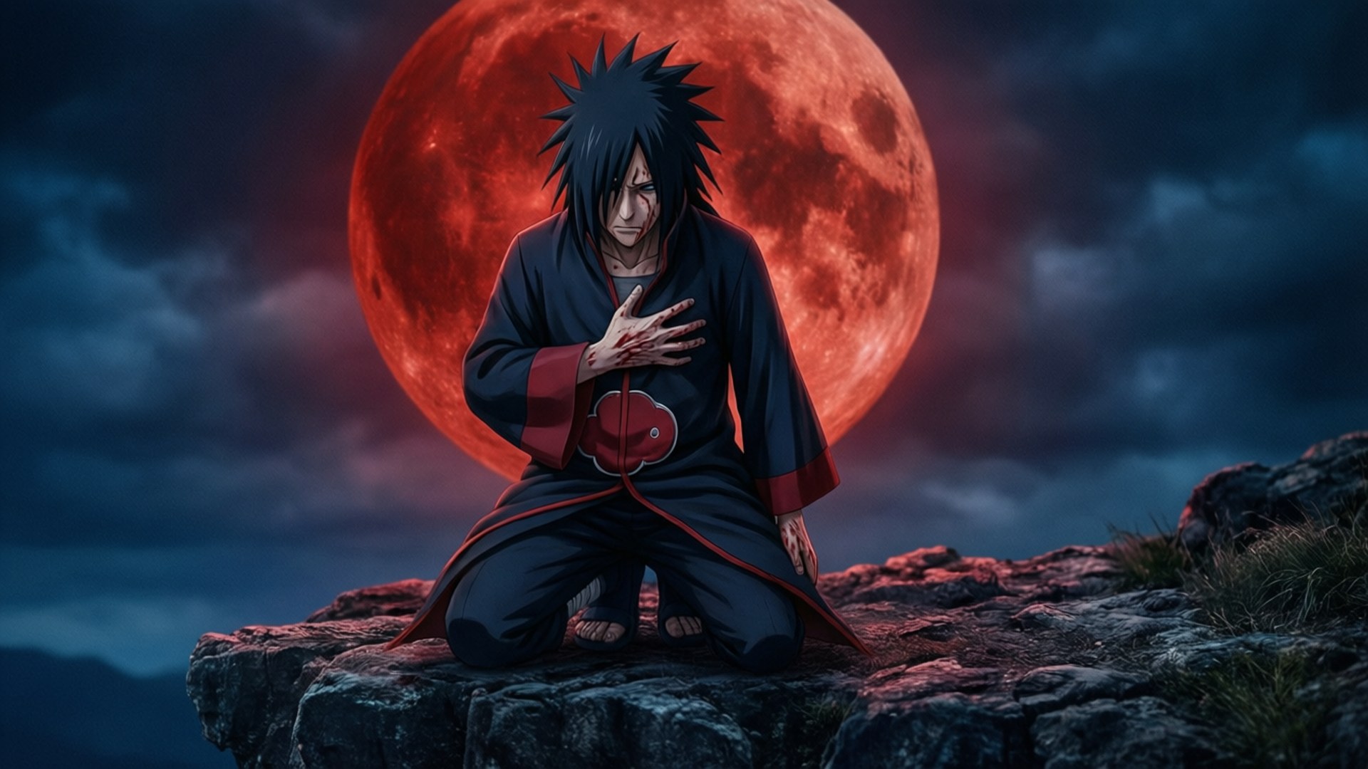 Shisui 桌布 壁紙 — 一個刺蝟頭髮的動漫角色跪在岩石懸崖上，下方是一個巨大的發光紅色月亮，周圍有烏雲旋轉。