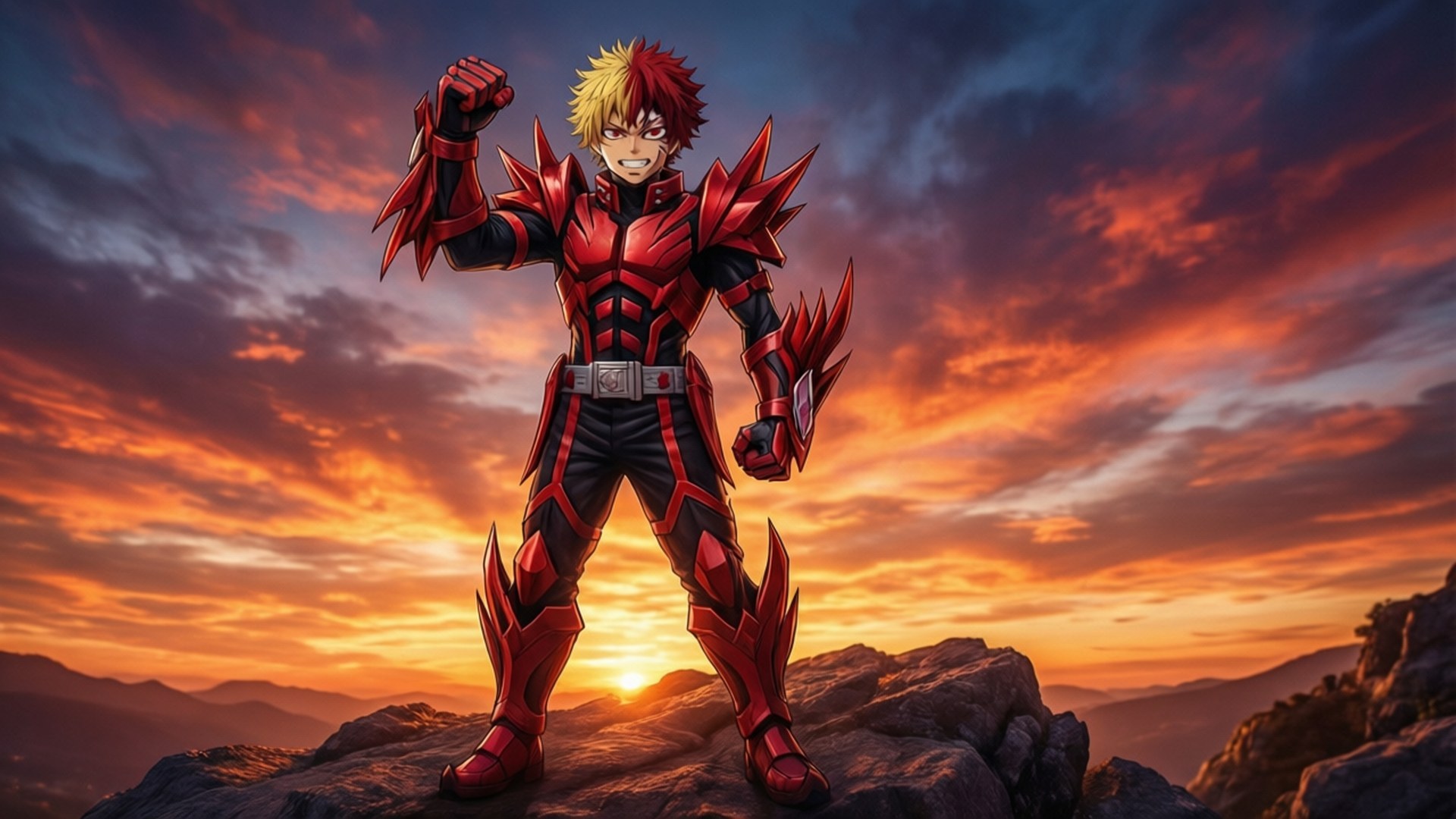 Red Riot at Sunset 壁紙 — 一個刺蝟頭、身穿紅色盔甲的動漫英雄，在岩石山峰上挑釁地站立，背景是熾熱的日落天空。