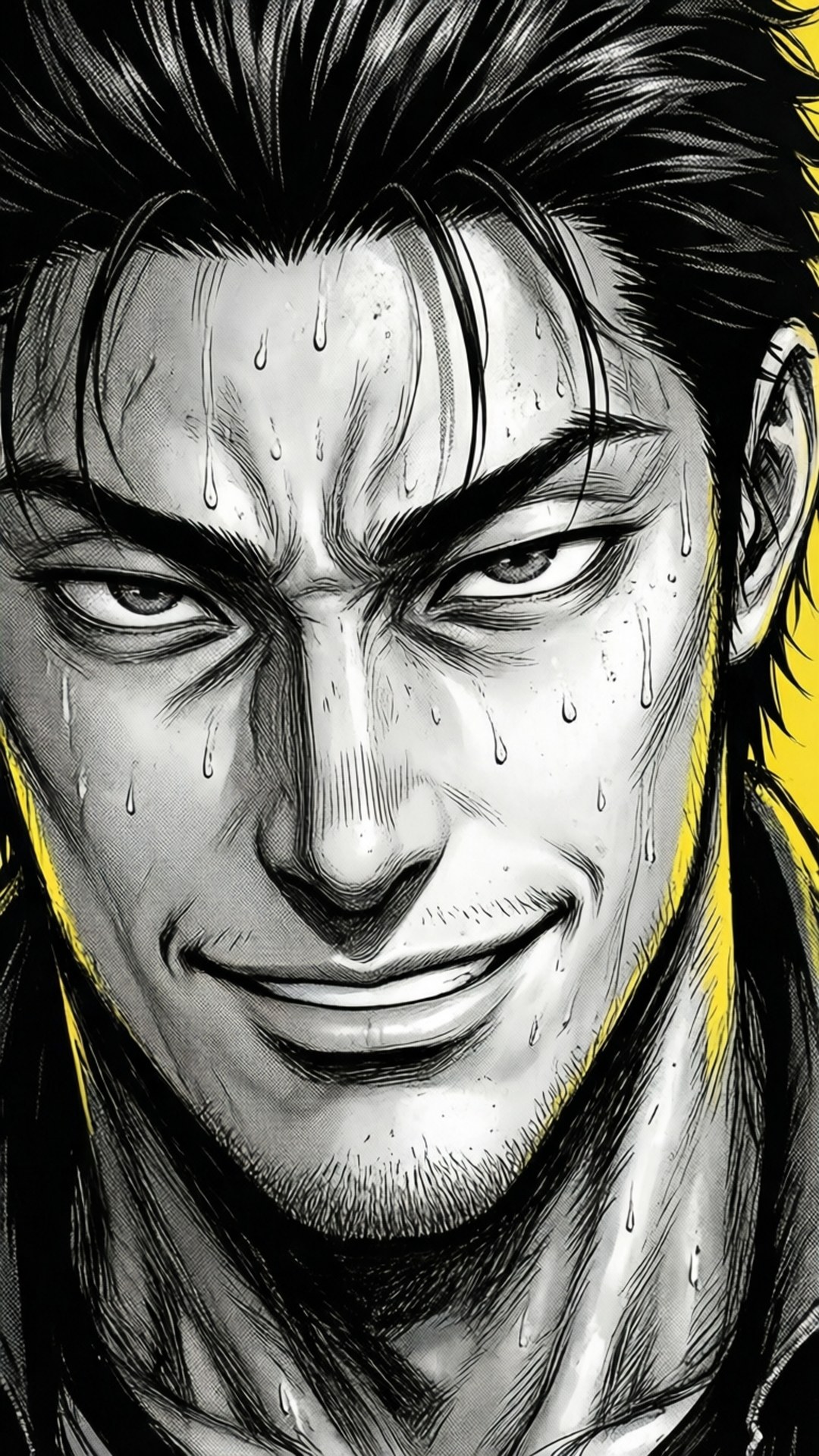 Smirk of Confidence 壁紙 — 一個粗糙的漫畫風格特寫，一個汗流浹背的男人，眼神銳利，露出猙獰的笑容，背景是鮮黃色。