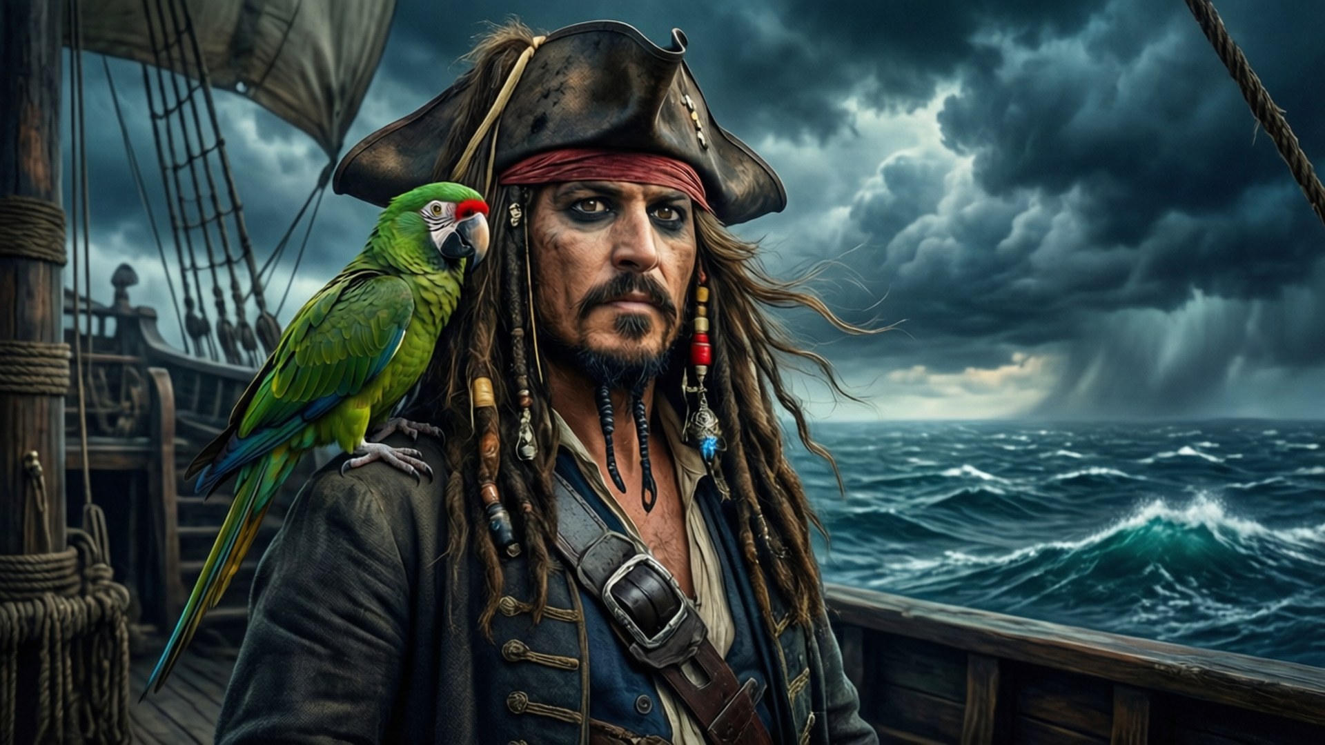 Long John Silver 桌布 壁紙 — 一個粗獷的海盜，肩上站著一隻鸚鵡，在黑暗、風起雲湧的天空下，挑釁地站在一艘被風暴襲擊的船上。