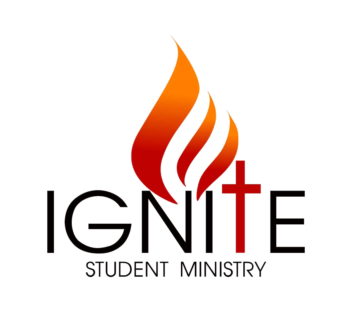  壁紙 — 一個大膽的標誌，橙色和紅色的風格化火焰在「IGNITE」字樣上方升起，紅色十字架取代了字母 I，下方文字為「STUDENT MINISTRY」。