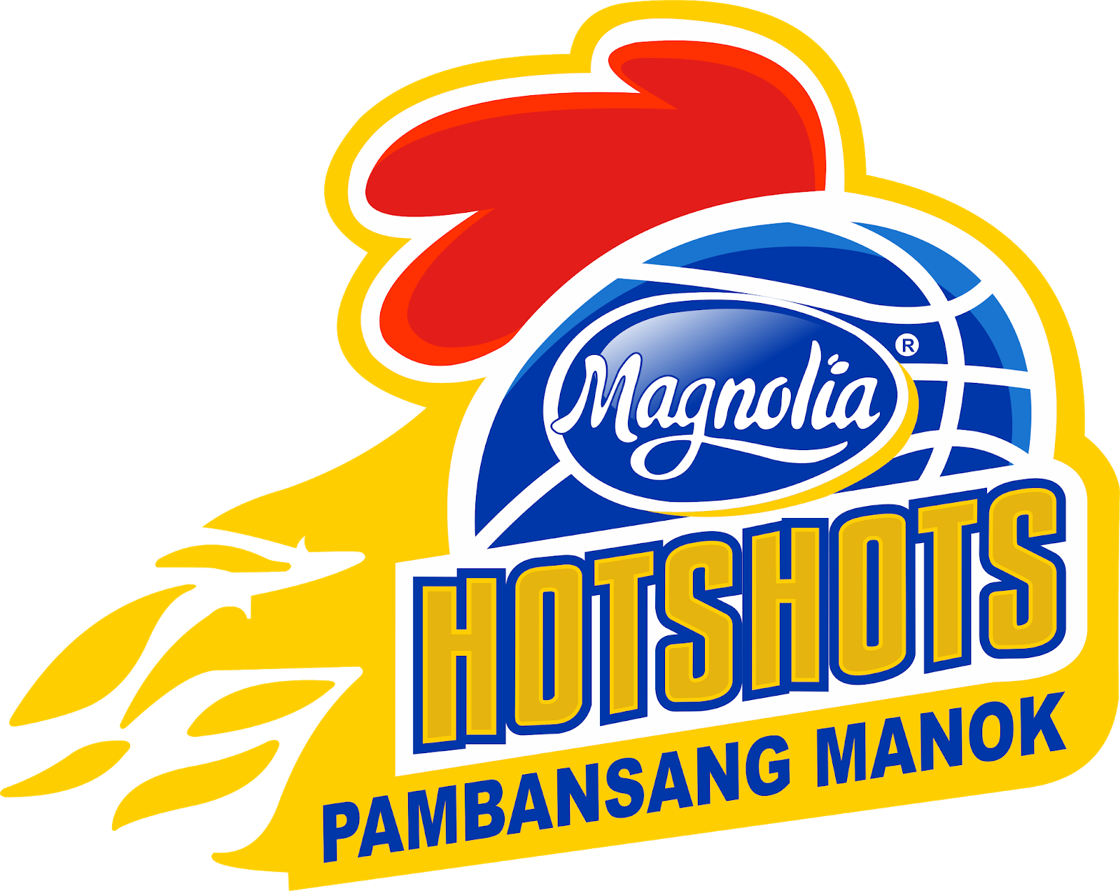 Magnolia Hotshots 籃球隊標誌，帶有公雞和火焰設計。 — Nike 節奏籃球 壁紙