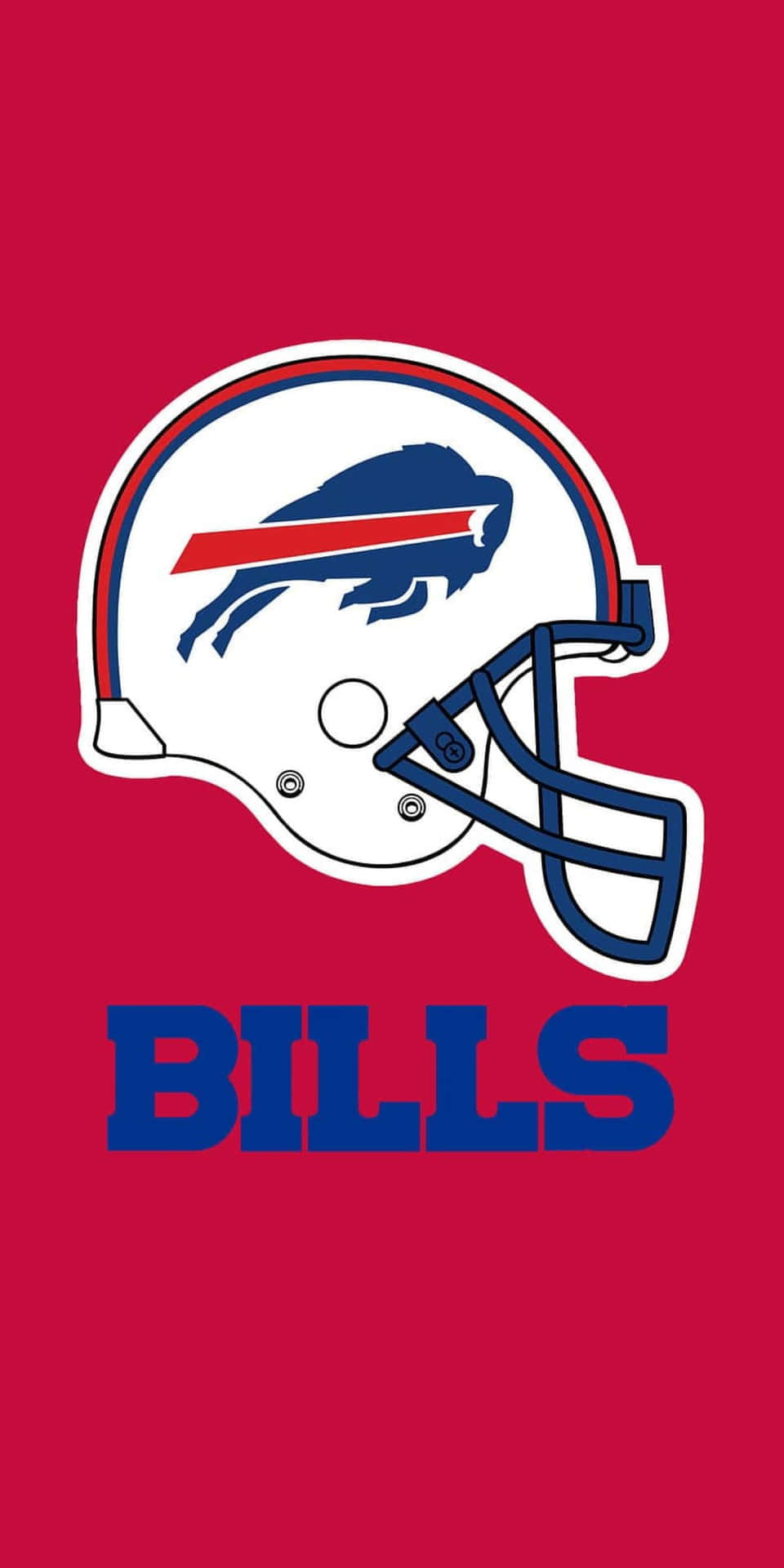  壁紙 — 一個大膽的 Buffalo Bills 美式足球頭盔標誌，以白色、藍色和紅色呈現，置於純紅色背景上，下方有 'BILLS' 文字。