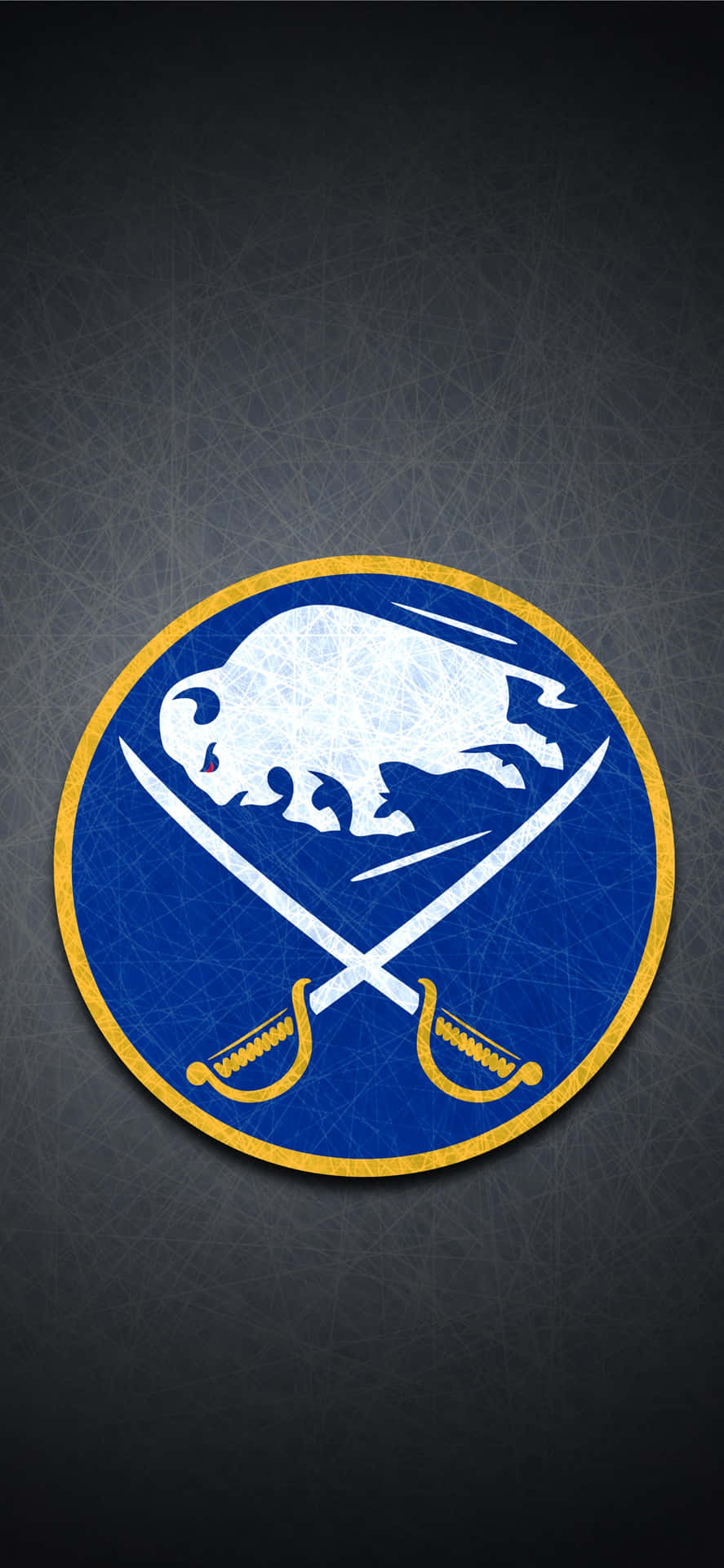  壁紙 — 一個大膽的 Buffalo Sabres 標誌，白色水牛和交叉劍在藍色冰紋理上，背景為深灰色。