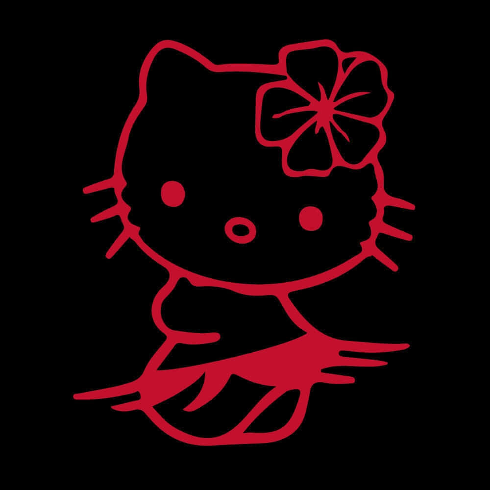  壁紙 — 一個大膽的紅色Hello Kitty輪廓，頭上戴著花，穿著飄逸的連衣裙，背景為純黑色。