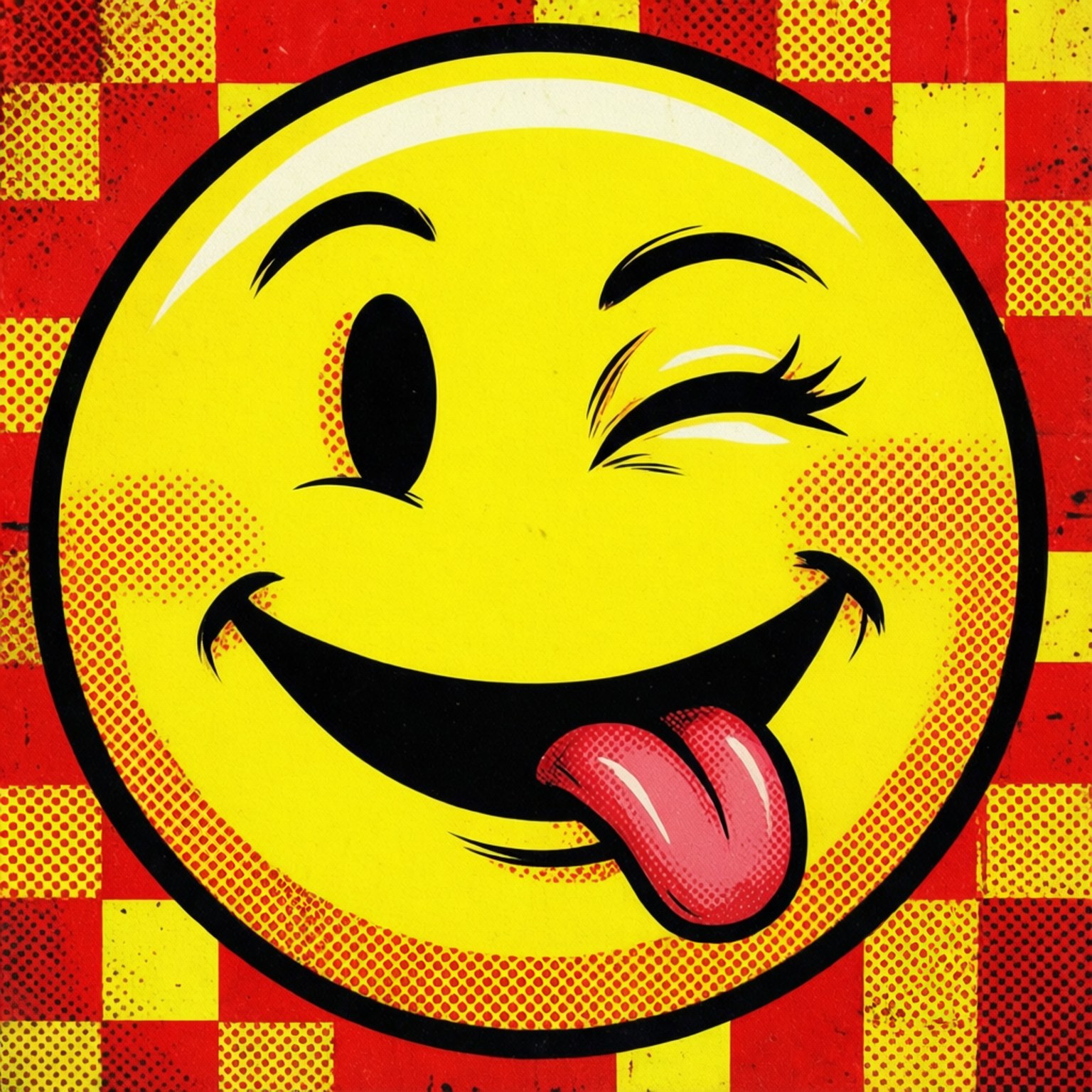 Wink Tongue Smiley 壁紙 — 一個大膽的黃色眨眼表情，伸出舌頭，背景是紅黃格子半色調。