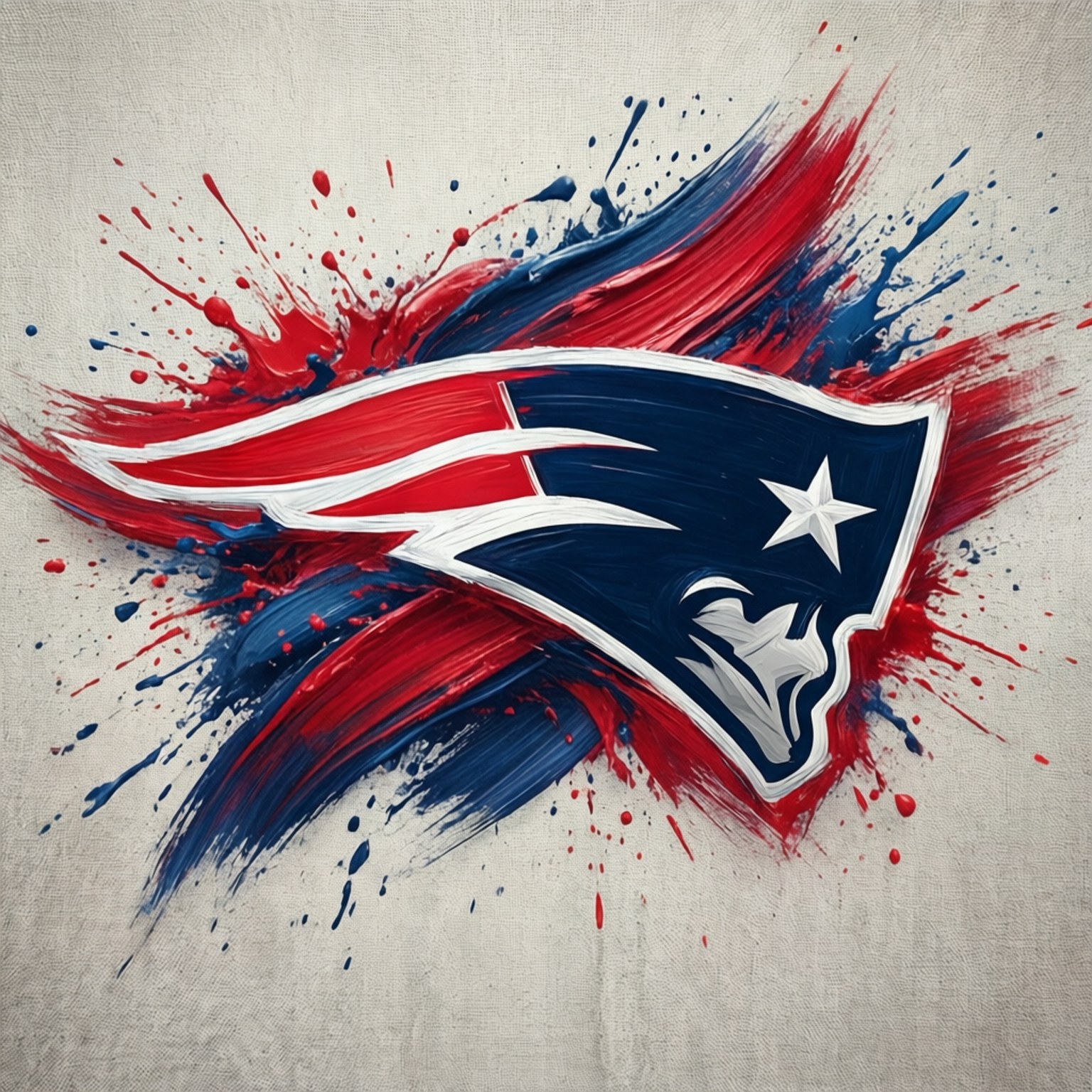 Patriots Logo Art 壁紙 — 一個大膽的新英格蘭愛國者標誌在帶有紋理的米色畫布上爆發出紅色、藍色和白色的油漆飛濺。