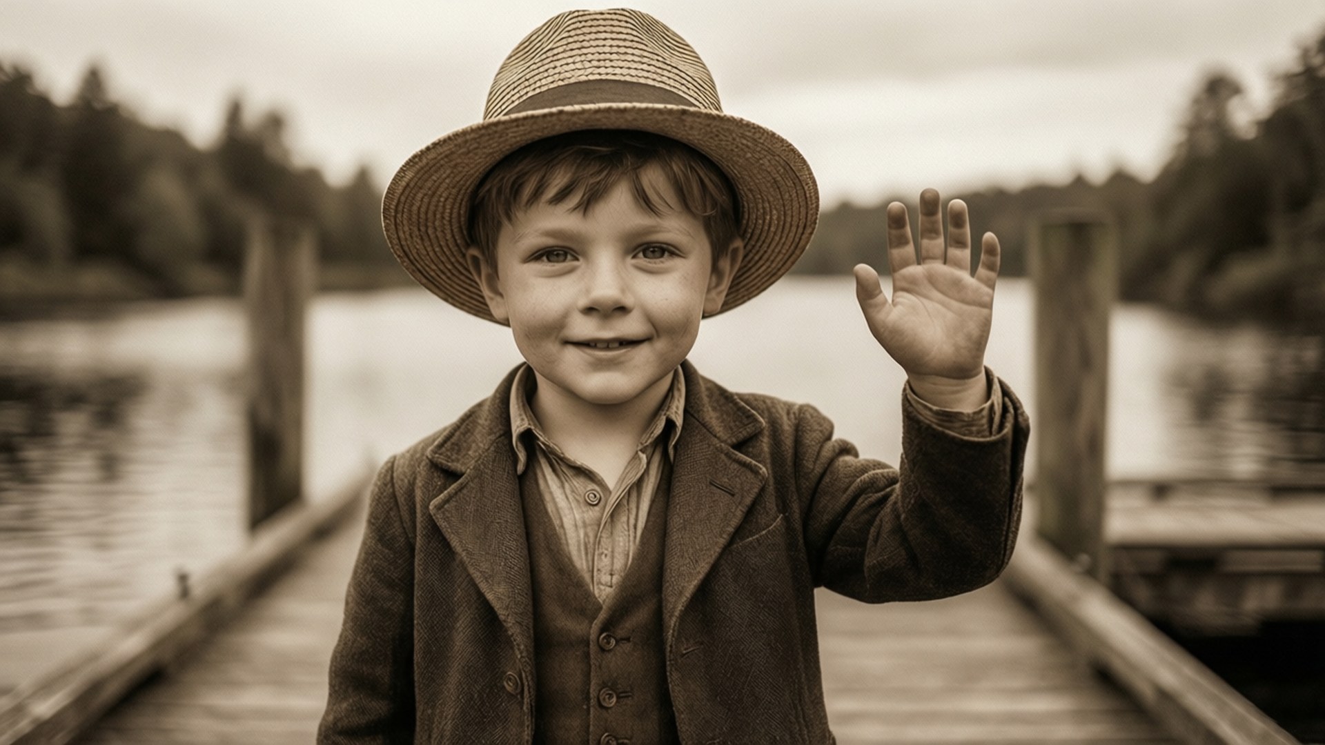 The Boy with the Straw Hat 壁紙 — 一個戴草帽的快樂小男孩在木碼頭上揮手，旁邊是平靜的水，背景有樹。