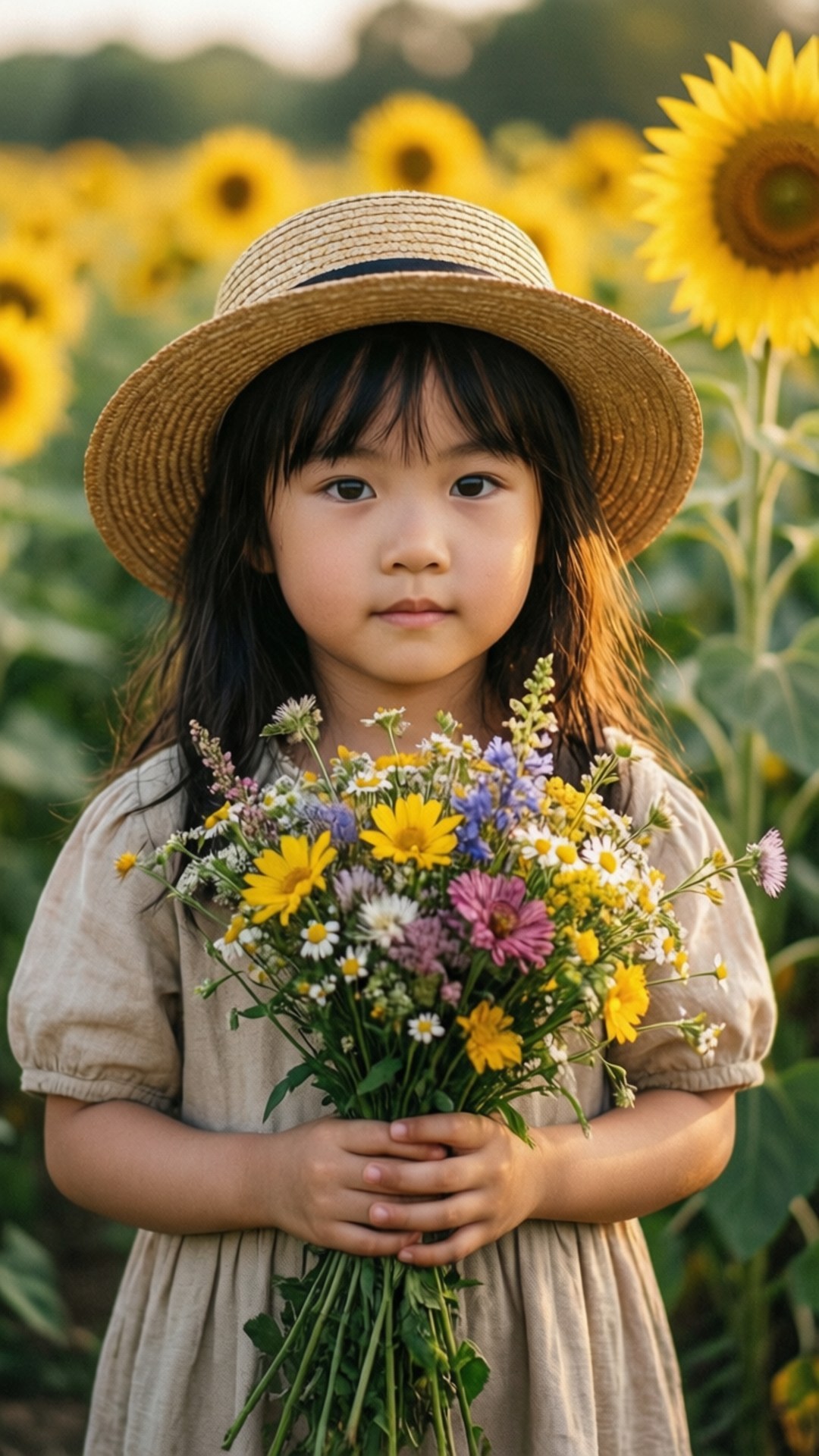 Girl with Sunflowers 壁紙 — 一個戴草帽的小女孩在金色時光的向日葵田裡拿著一束色彩繽紛的野花。