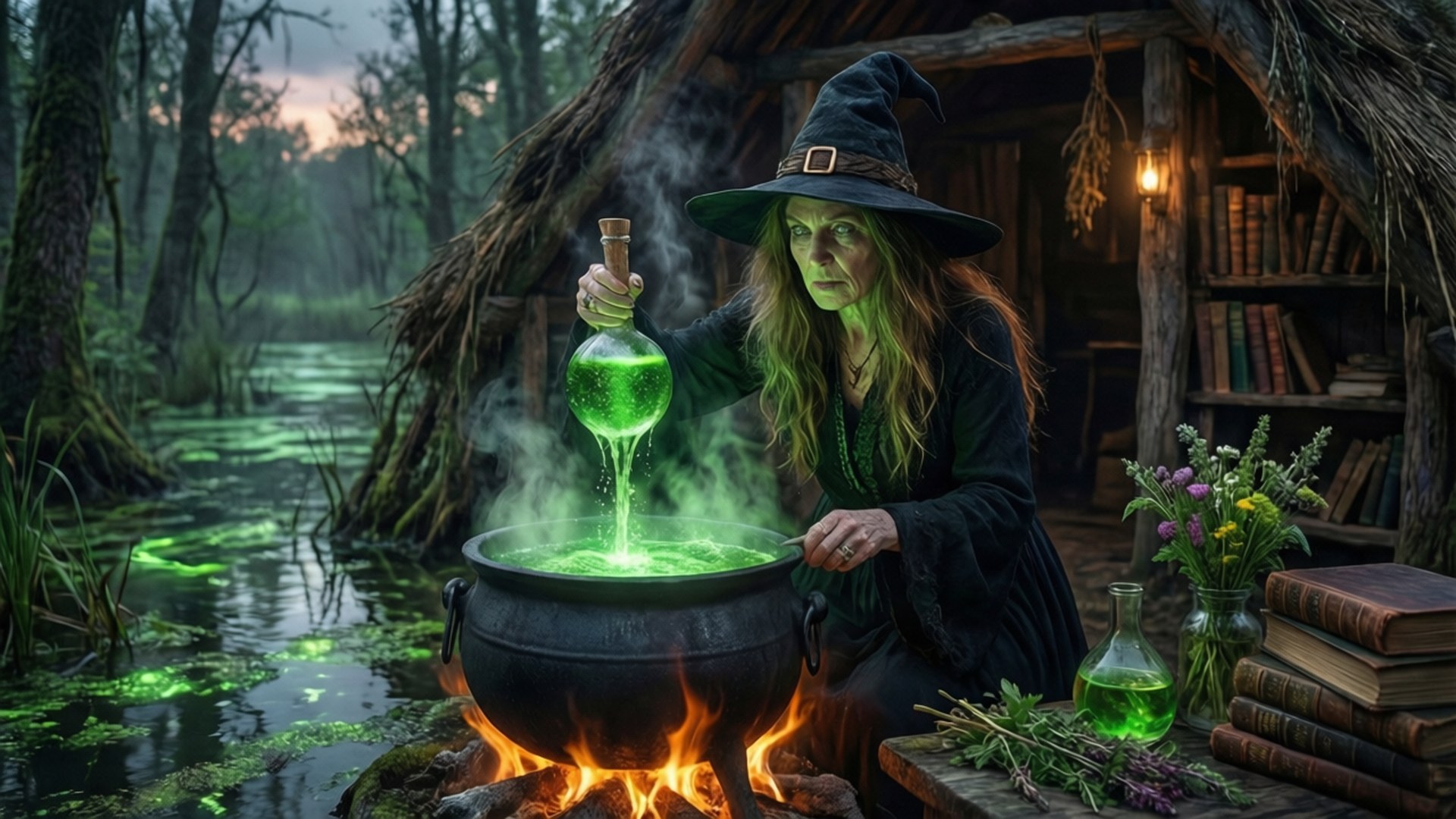 Swamp Witch's Brew 壁紙 — 一個戴黑帽的女巫將發光綠色液體從瓶子倒入火堆上冒煙的大鍋中，旁邊是一條長滿苔蘚的河流。