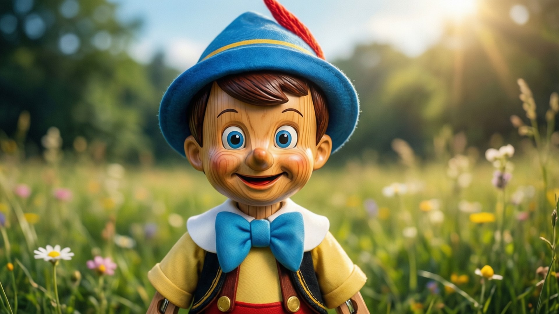 Proud Pinocchio in Meadow 壁紙 — 一個戴藍色帽子和蝴蝶結的快樂木偶男孩在陽光明媚的野花草地上微笑。