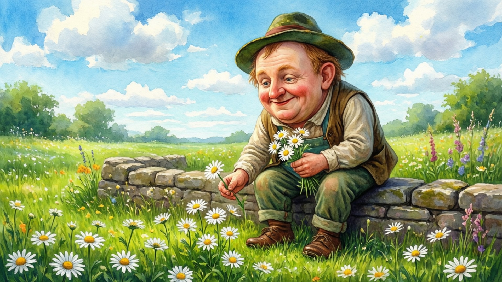 Flower Garden Humpty 壁紙 — 一個戴綠色帽子的快樂男人坐在石牆上，在陽光明媚的草地上，藍天白雲下，手持雛菊。